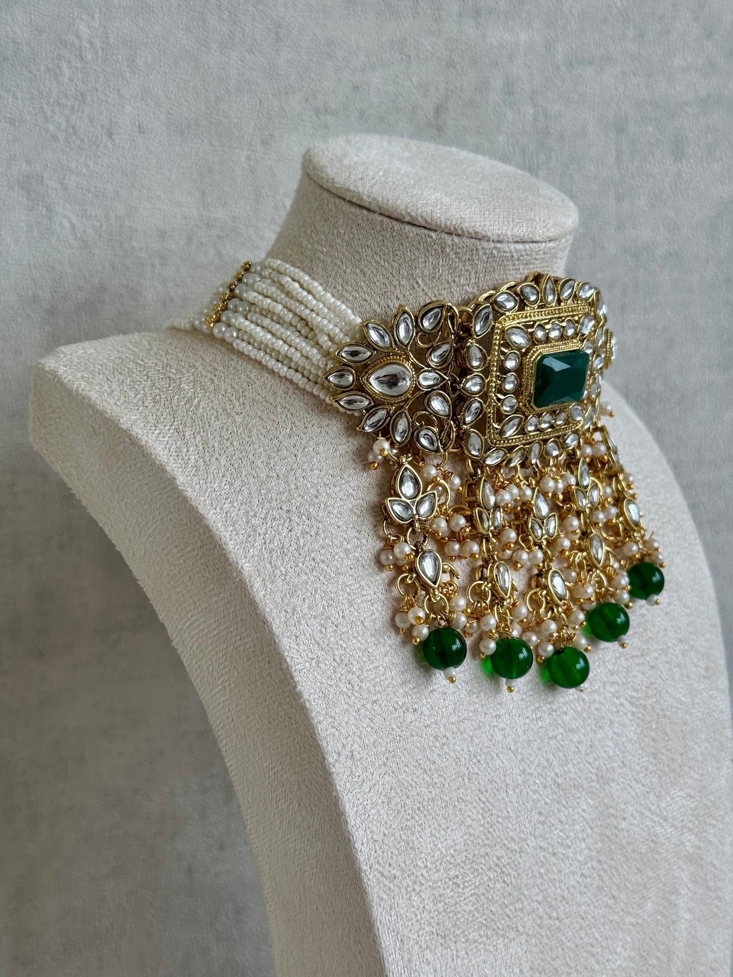 Ayura Designs Maya Set with Jhumkis & Tikka – Emerald Green Stones & Kundan Detailing
