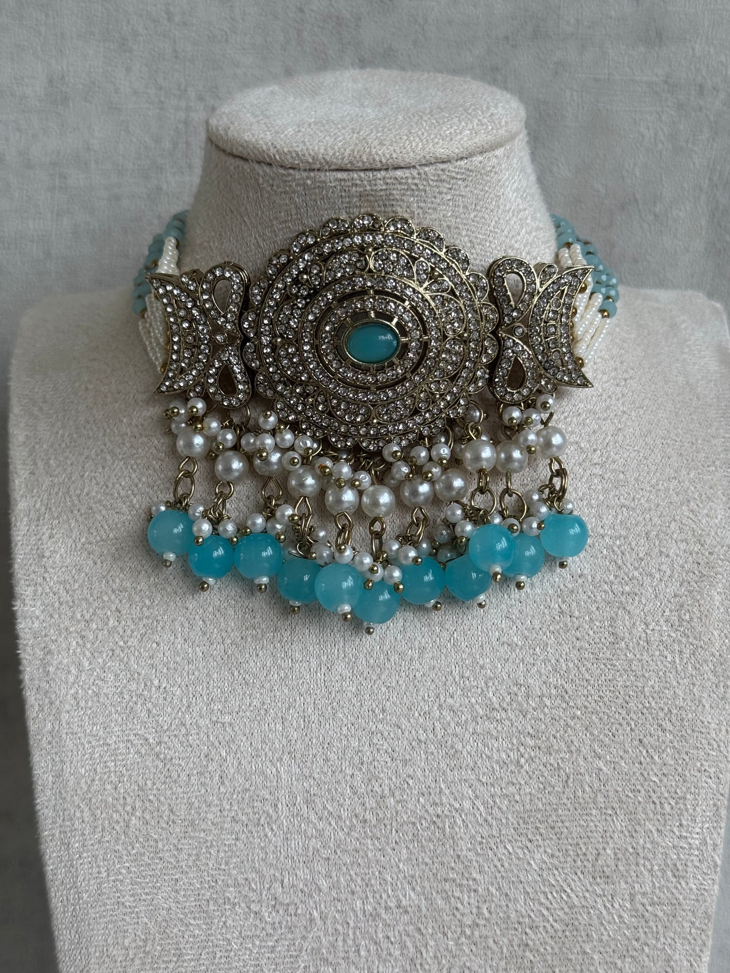 Ayura Designs Zoraiz Choker Set with Earrings & Tikka – Aqua Blue Beads, Pearls & Antique Silver Finish