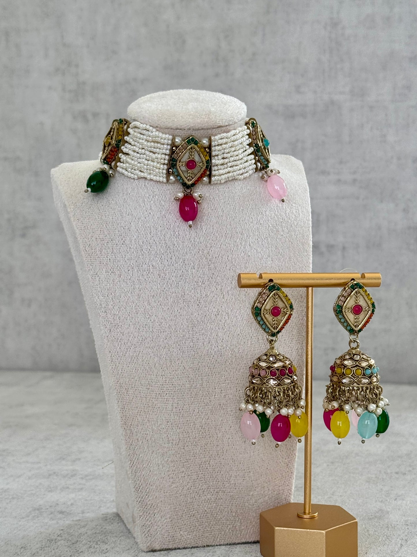 Ayura Designs Ariana Choker Set with Jhumkis – Kundan & Multicolor Beads in Antique Gold