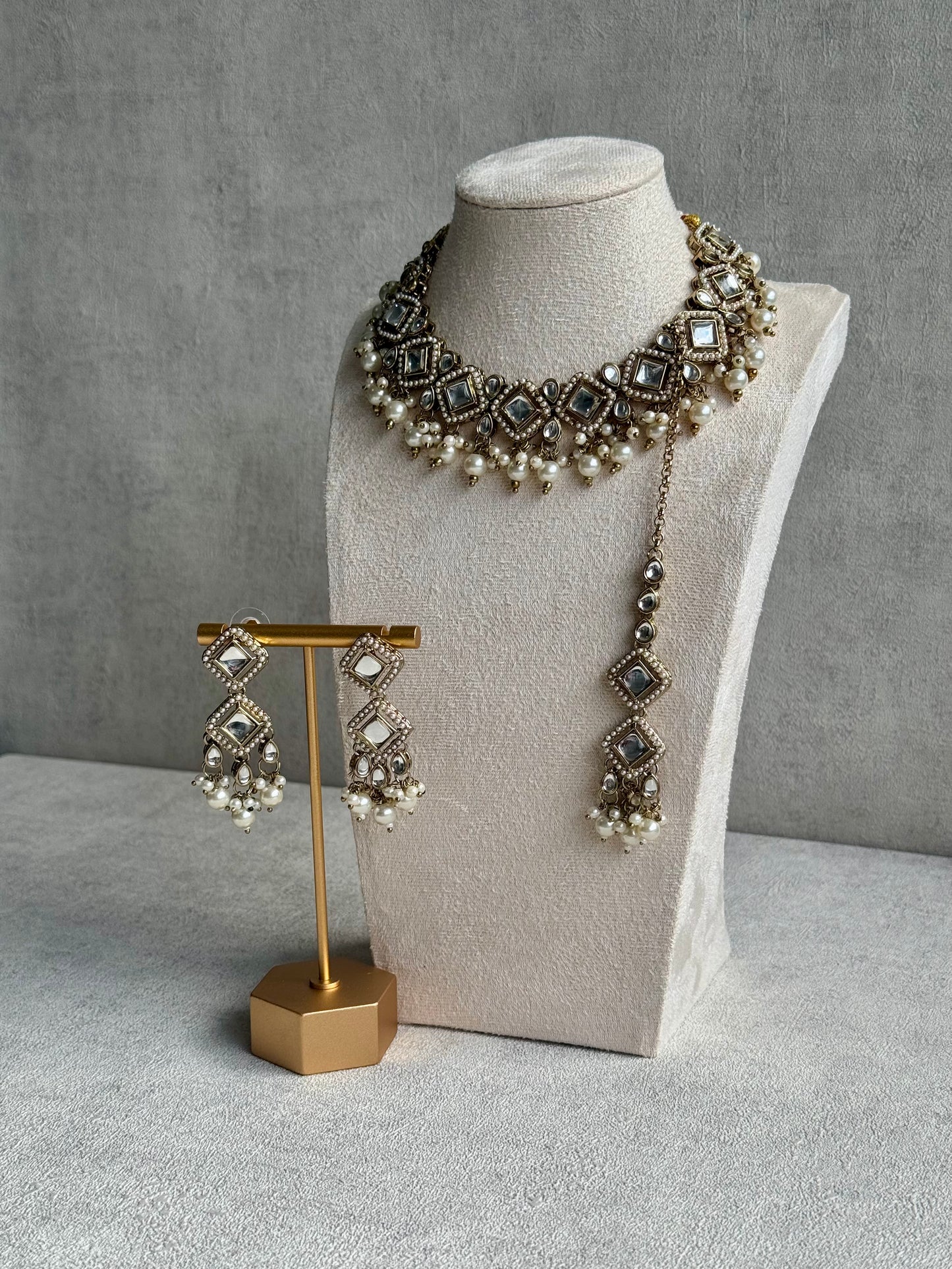 Ayura Designs Talia Set with Earrings & Tikka – Champagne Gold, Kundan & Pearls