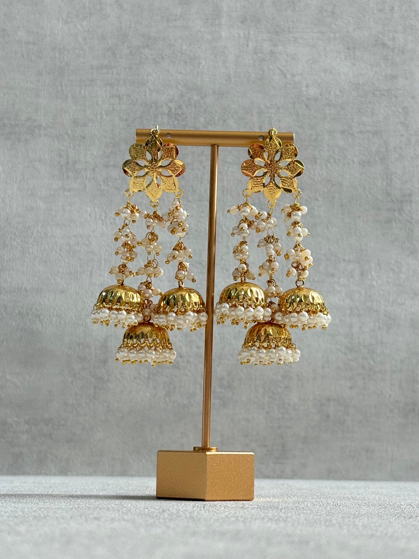 Ayura Designs Sassi Earrings – Pippal Patti Triple Jhumki Earrings with Pearl Cluster Detailing