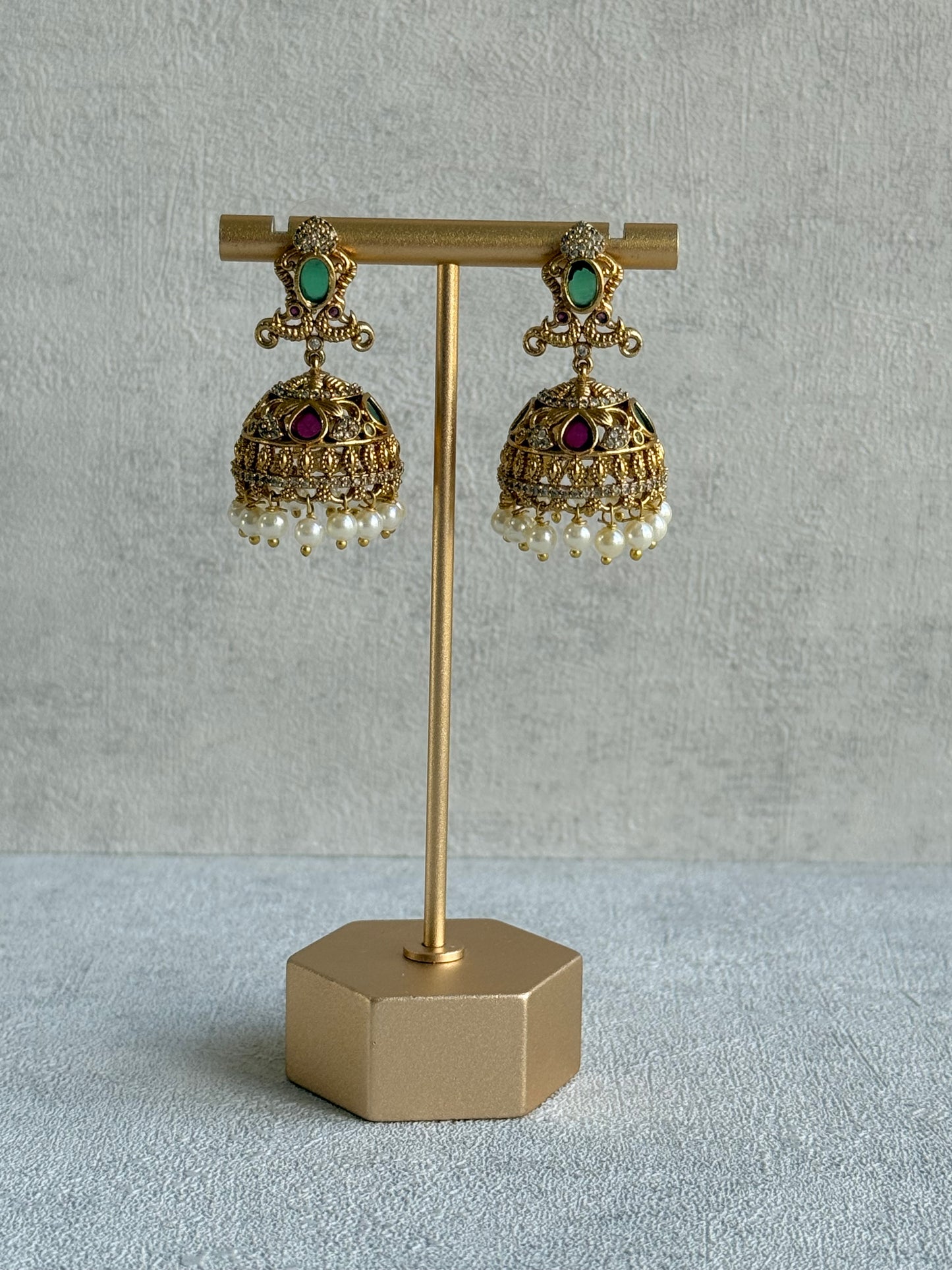 Ayura Designs Ehla Jhumkis – Gold Peacock Design with Green & Ruby Pink Stones, Crystals & Pearl Drops