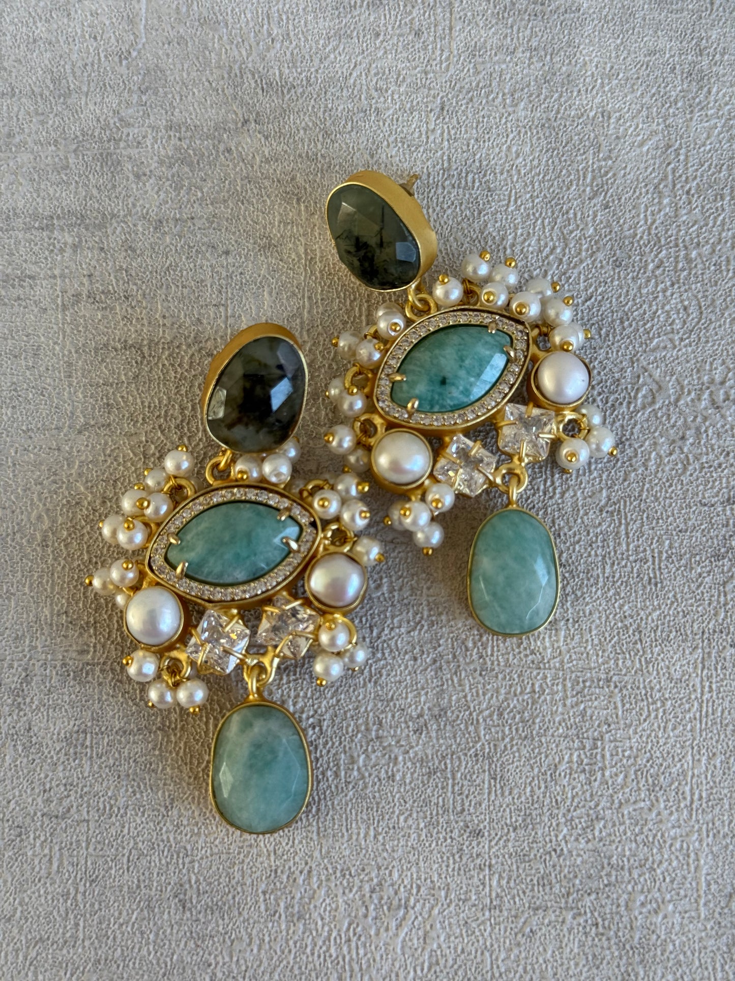 Ayura Designs Aurelia Earrings – Amazonite, Dark Quartz, Pearls & Crystals