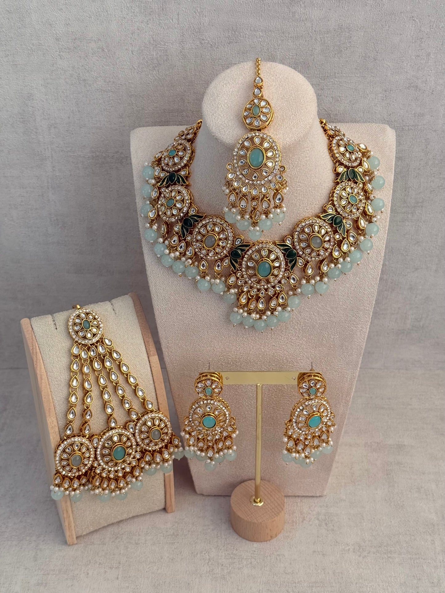 Ayura Designs Zara Set with Necklace, Earrings, Tikka & Passa – Antique Gold with Kundan Detailing & Aqua Blue Beads