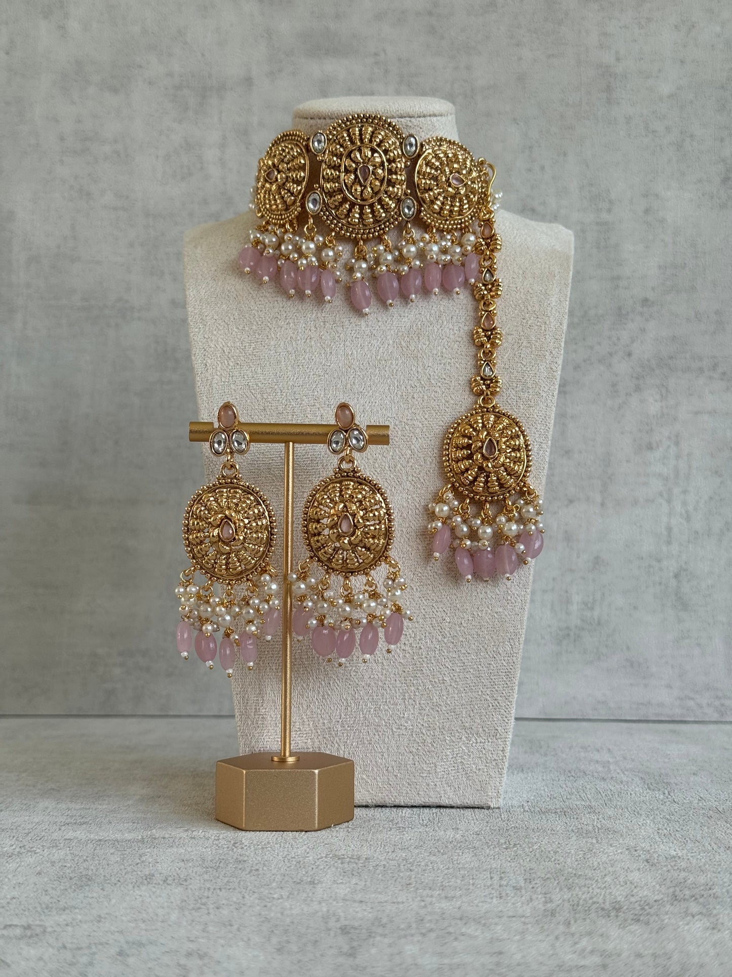 Ayura Designs Tanveer Choker Set with Earrings & Tikka – Antique Gold with Mirror-Cut Stones & Blush Pink Beads