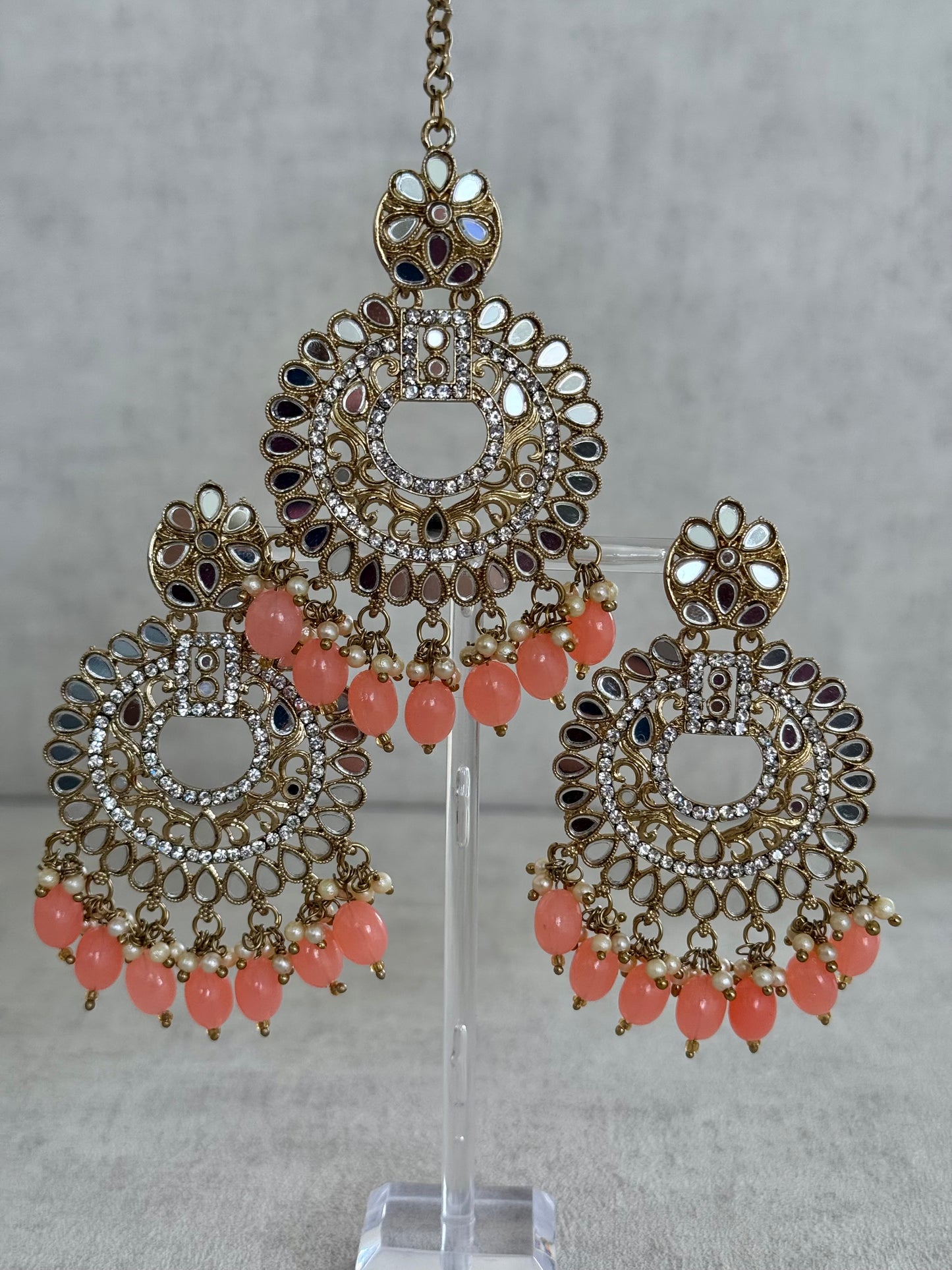 Ayura Designs Bahar Tikka Set with Earrings – Peach Beads,Mirror Work & Antique Gold