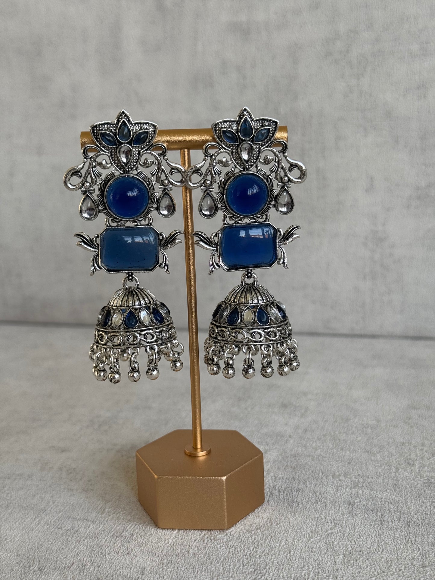 Ayura Designs Noorani Earrings – Oxidised Silver with Lajwardi Blue Stones, Kundan Detailing & Enamelled Jhumkis