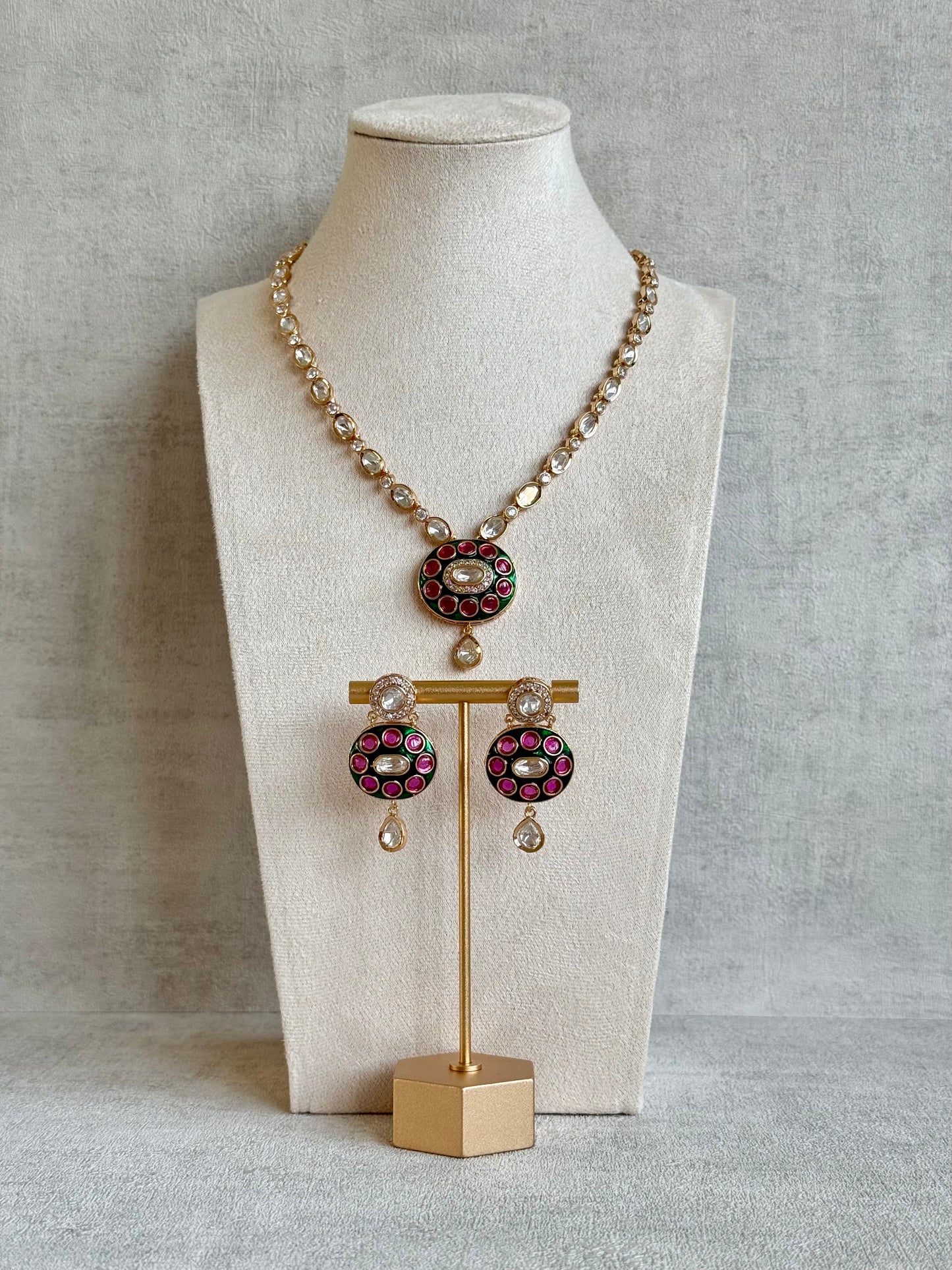 Ayura Designs Jiya Set with Earrings – Oval Motif, Pink & Green Meenakari with Crystal Detailing