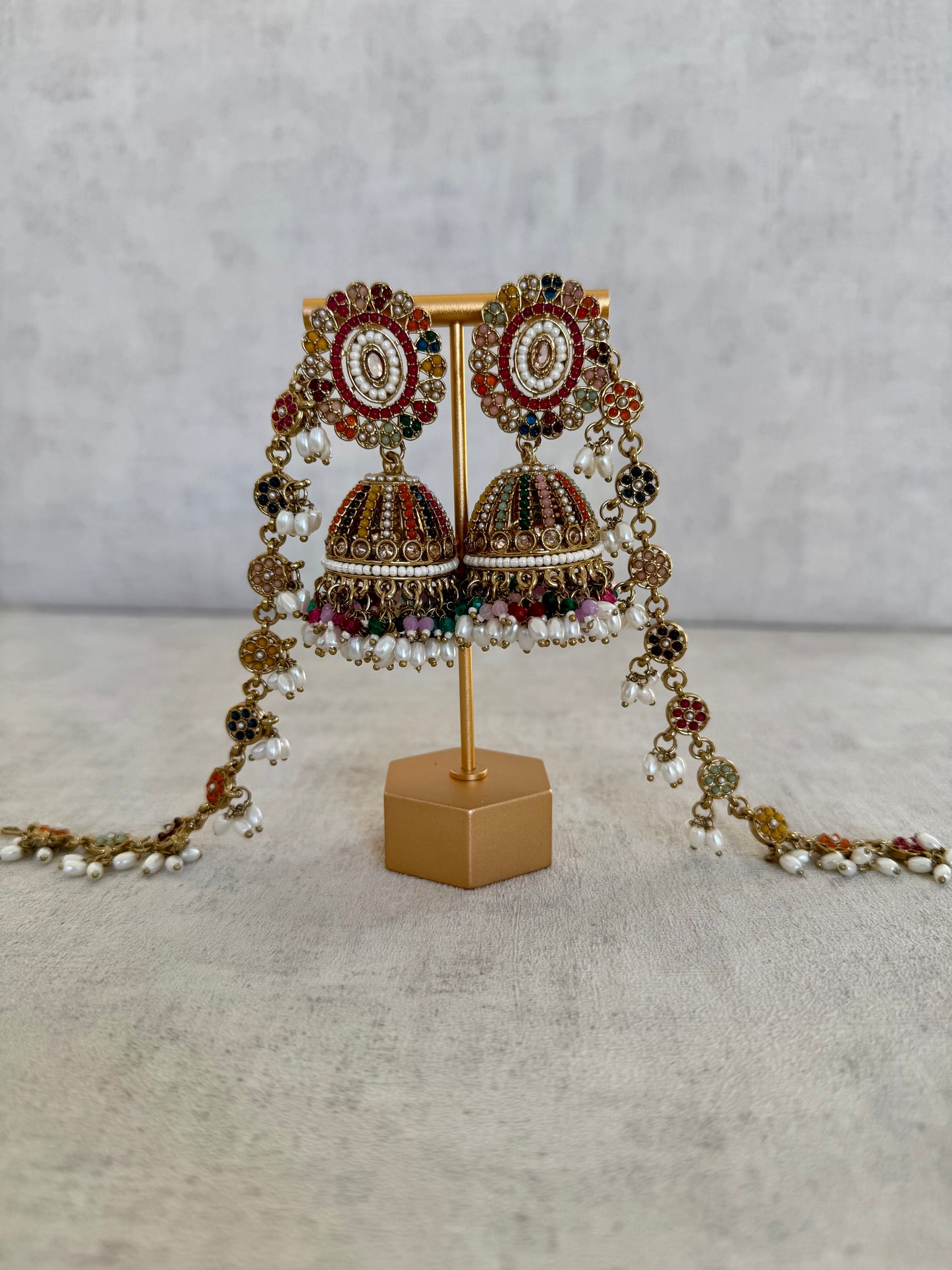 Ayura Designs Satrang Jhumkis – Kundan & Pearl with Multicolor Beaded Sahare