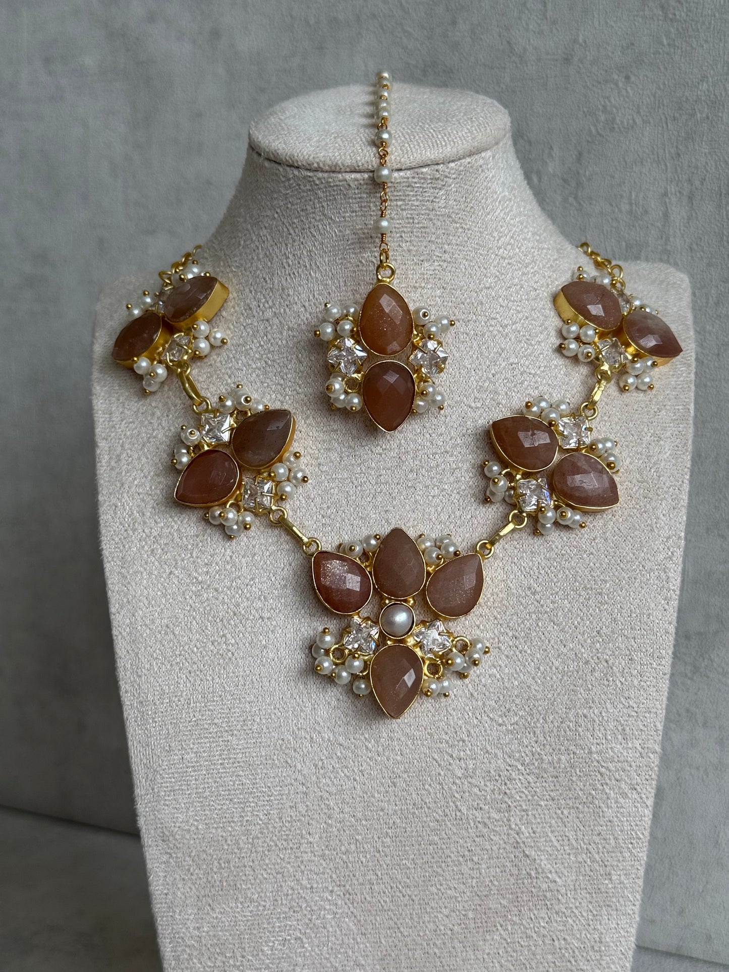 Ayura Designs Solara Set with Tikka & Earrings – Sunstone, Crystals & Pearls