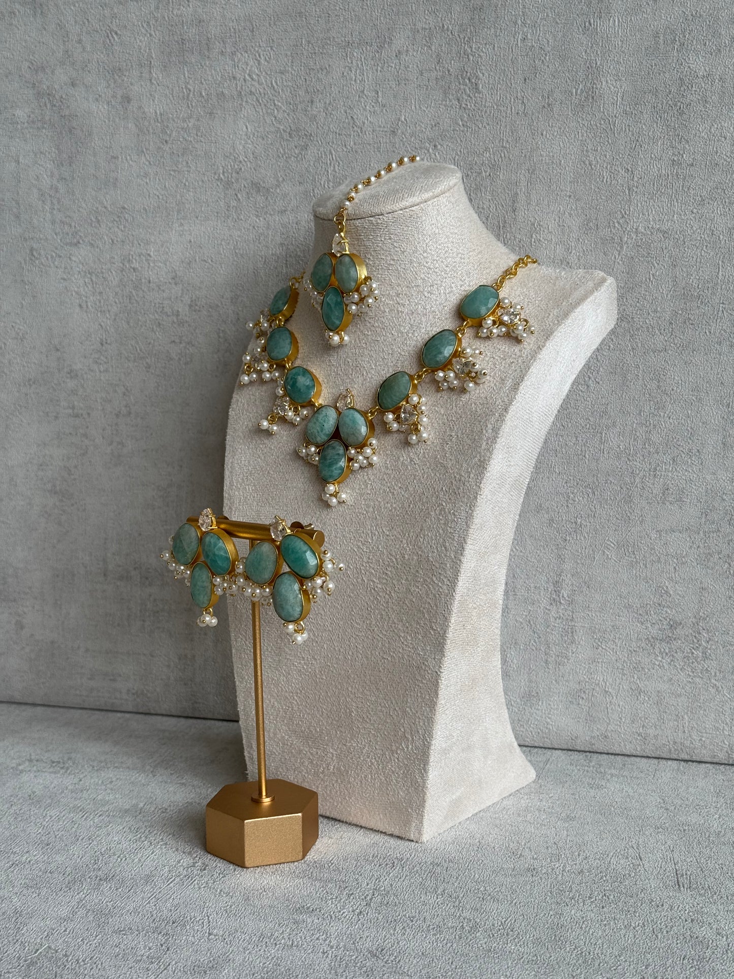 Ayura Designs Anahita Set with Tikka & Earrings – Amazonite, Crystals & Pearls