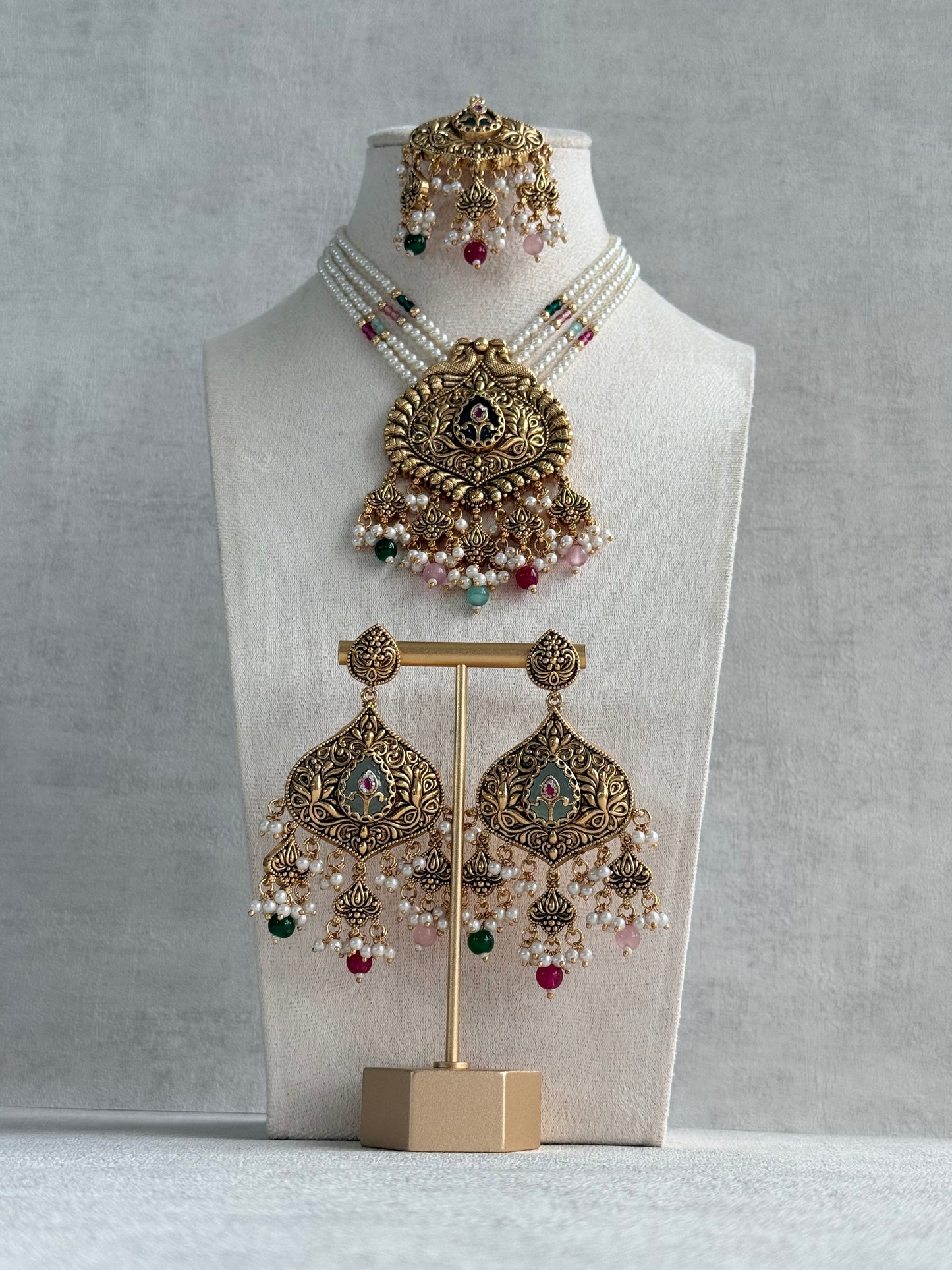 Ayura Designs Afia Necklace Set with Earrings & Tikka – Antique Gold, Multicolour Beads, Green Centre Stone & Peacock Motifs