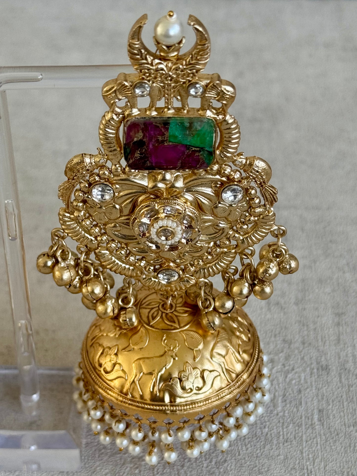 Ayura Designs Adeeba Earrings – Antique Gold Temple Jhumkas with Multicolour Stone Accent & Pearl Drops