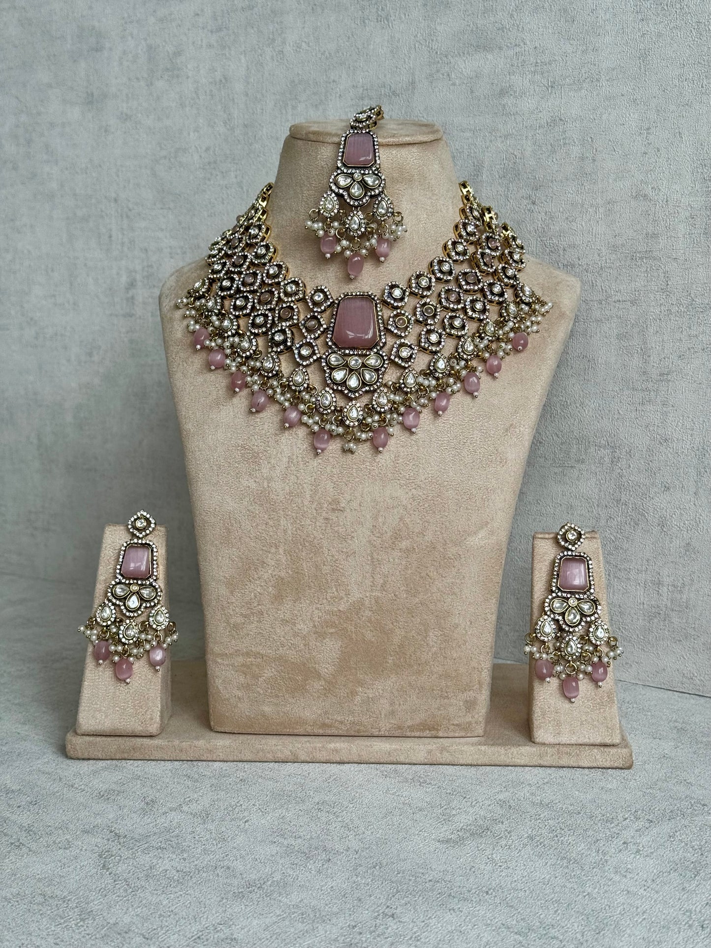 Ayura Designs Gulrukh Bridal Set with Necklace, Jhumkis & Tikka – Jadau Kundan Craftsmanship with Mirror-Cut Polki, Blush Rose Stones & Antique Gold Finish