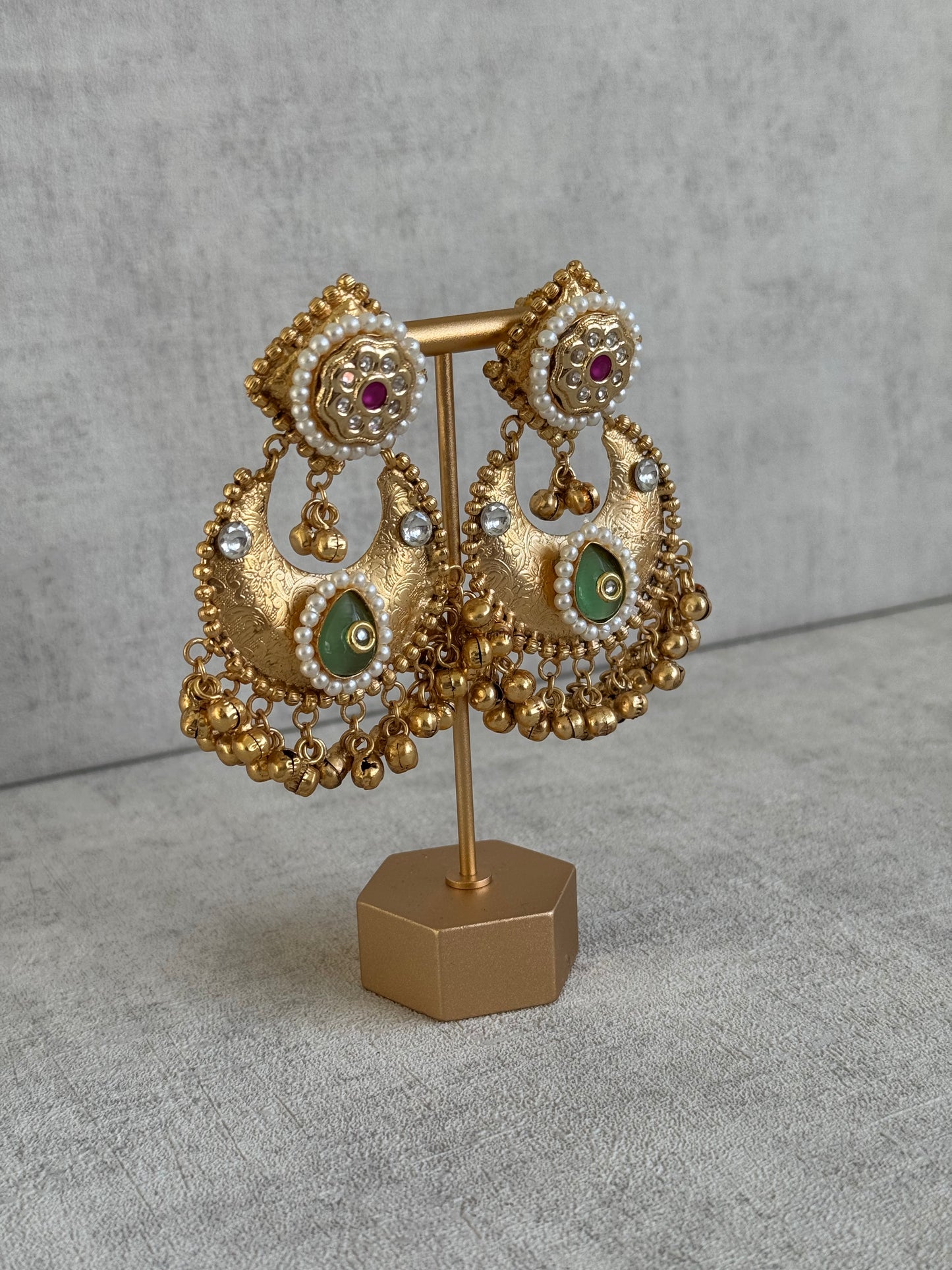 Ayura Designs Naaz Earrings – Antique Gold Jhumkas with Green Teardrop Stone, Pearl Embellishments & Ghungroo Detailing