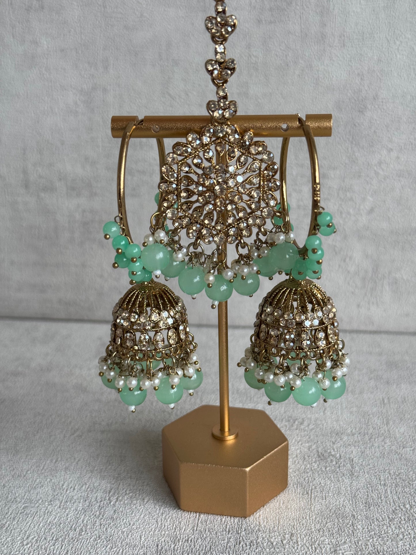 Ayura Designs Dastoor Tikka Set with Balis – Mint Green Beads, Champagne Stones & Pearls