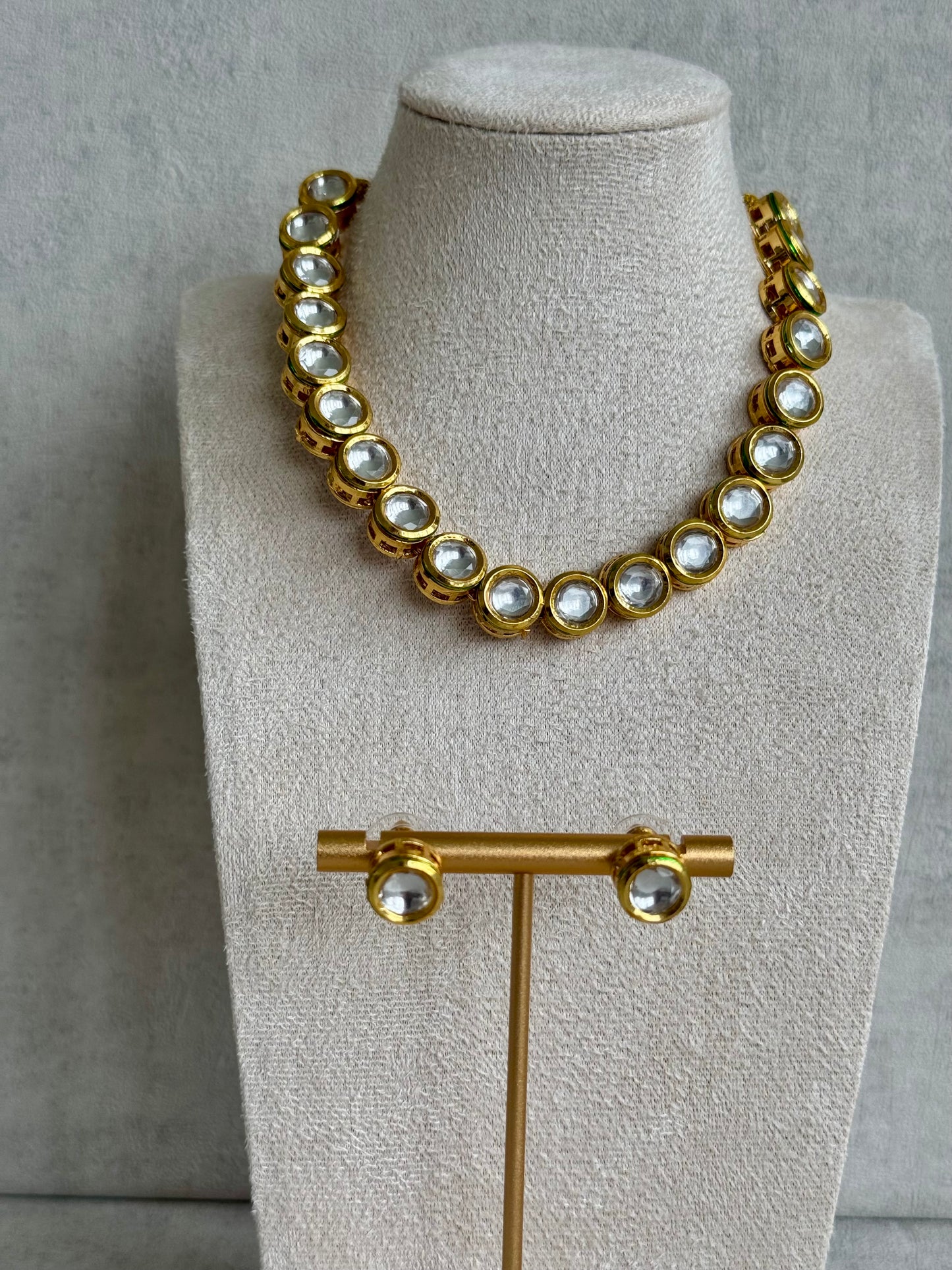 Ayura Designs Saanvi Set – Classic Gold Polished Kundan Necklace with Circular Clear Stones & Matching Stud Earrings