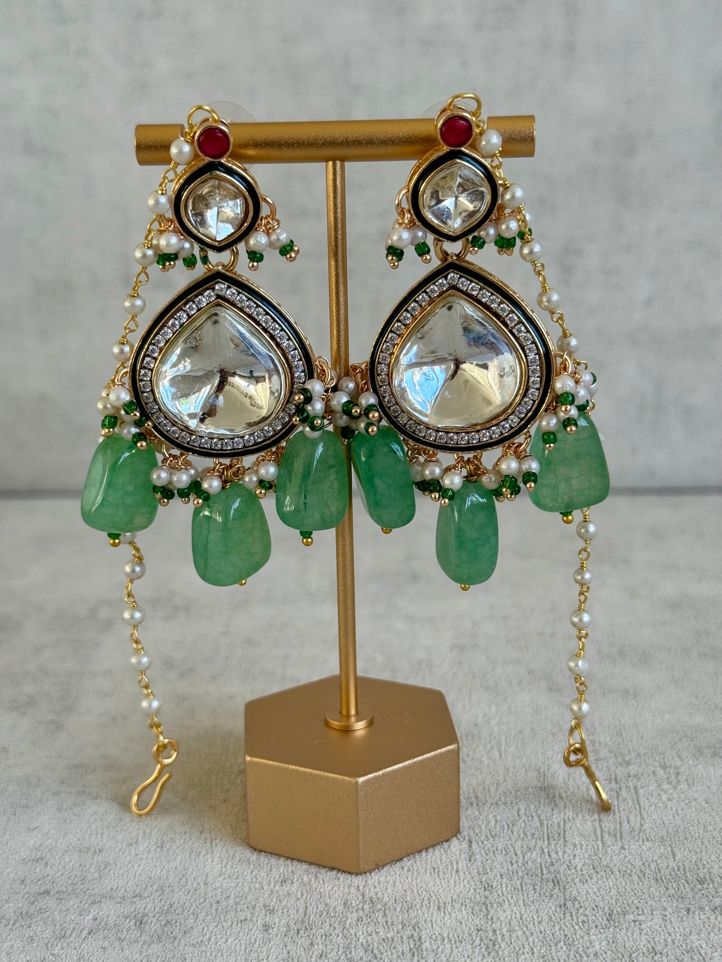 Ayura Designs Malika Bridal Set with Necklace, Jhumkis, Tikka, Nath, Ring & Sheeshphool – Jadau Kundan Craftsmanship with Mirror-Cut Polki, Jade-Toned Drops, Ruby Accents & Antique Gold Finish