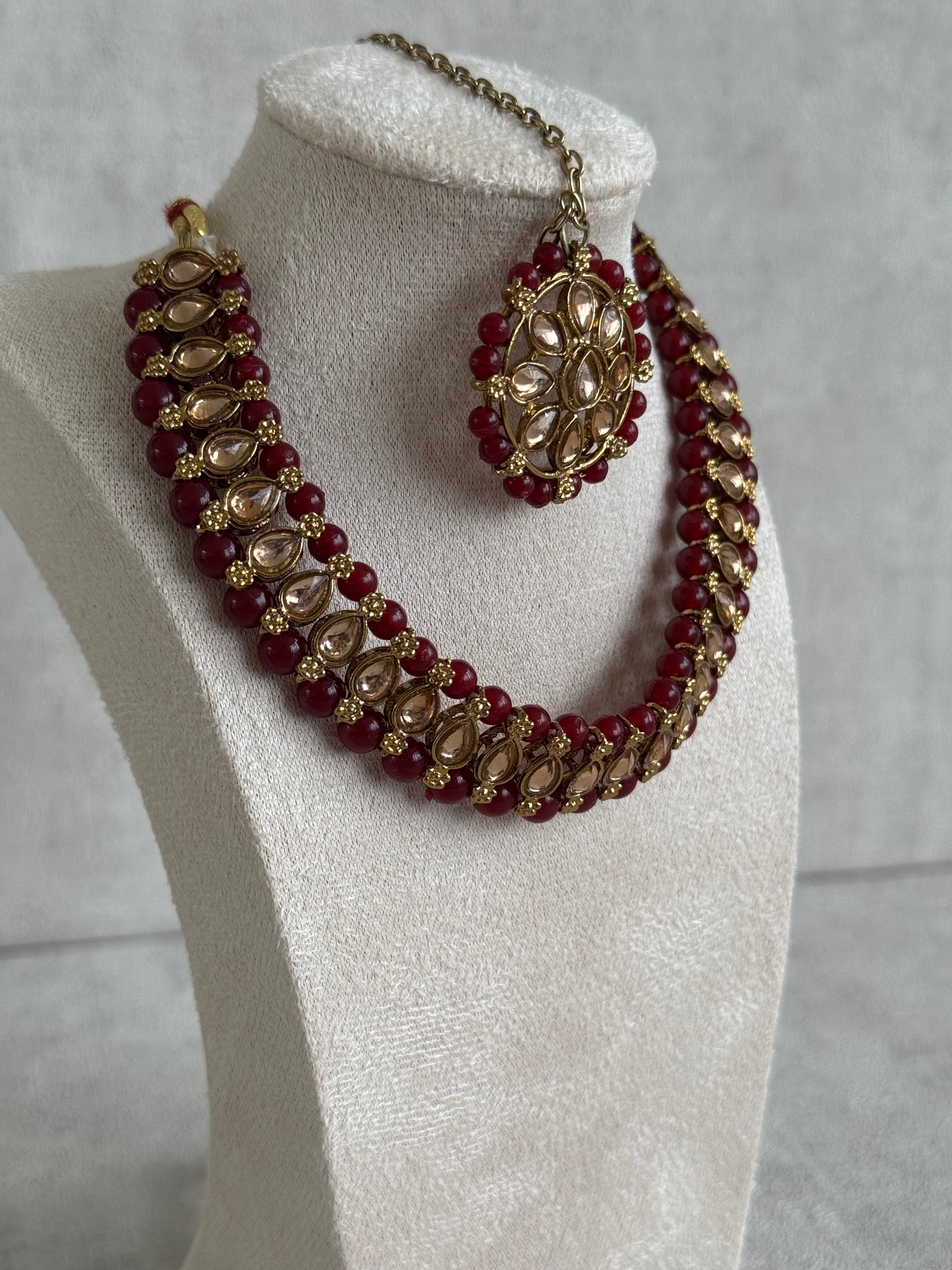 Ayura Designs Hala Set with Tikka & Studs – Maroon Beads & Champagne Kundan