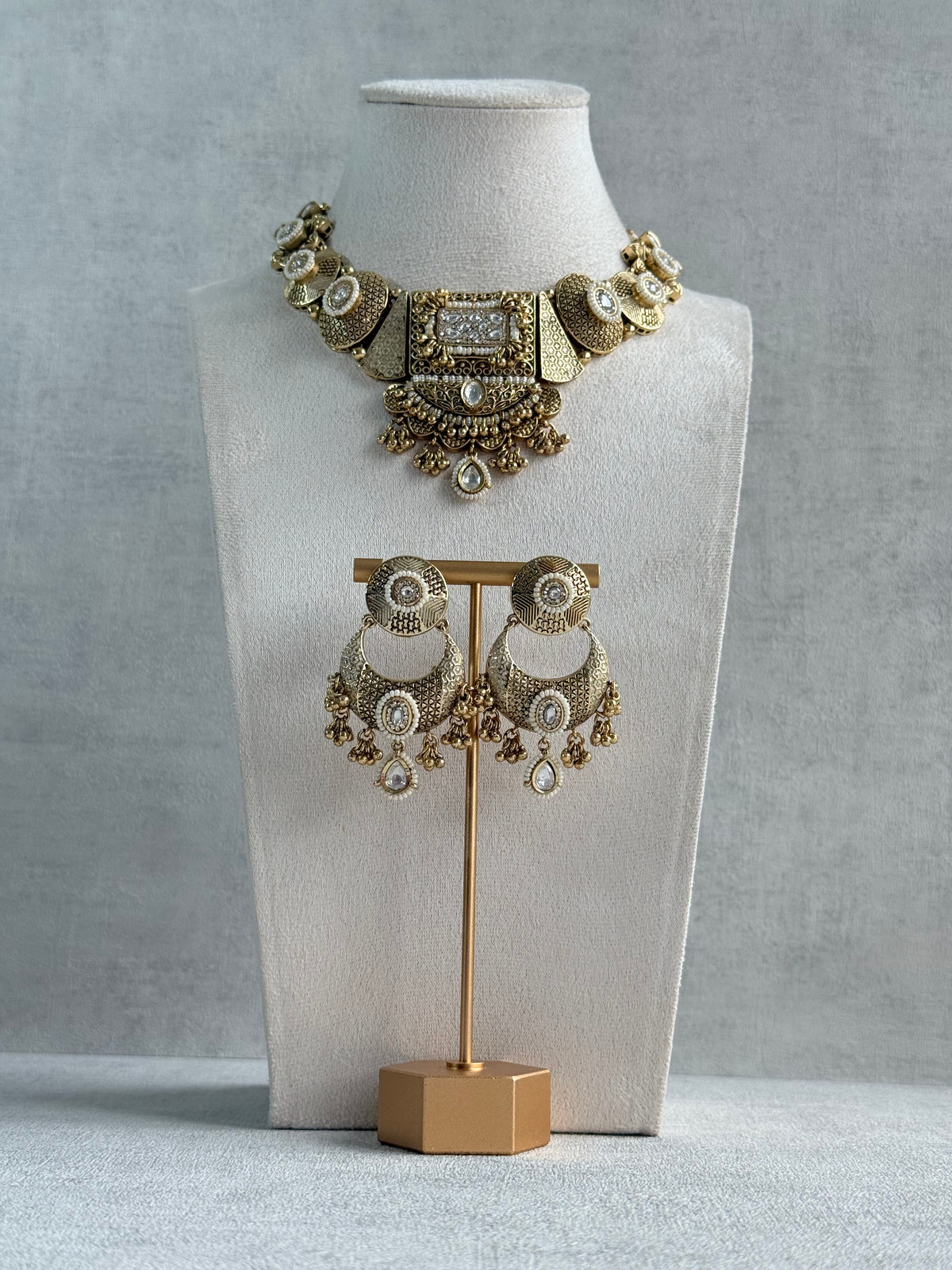 Ayura Designs Purvi Set – Necklace & Earrings with Antique Gold Filigree, Ivory & Pearl Detailing