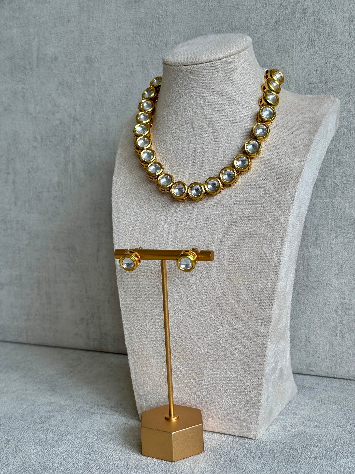 Ayura Designs Saanvi Set – Classic Gold Polished Kundan Necklace with Circular Clear Stones & Matching Stud Earrings