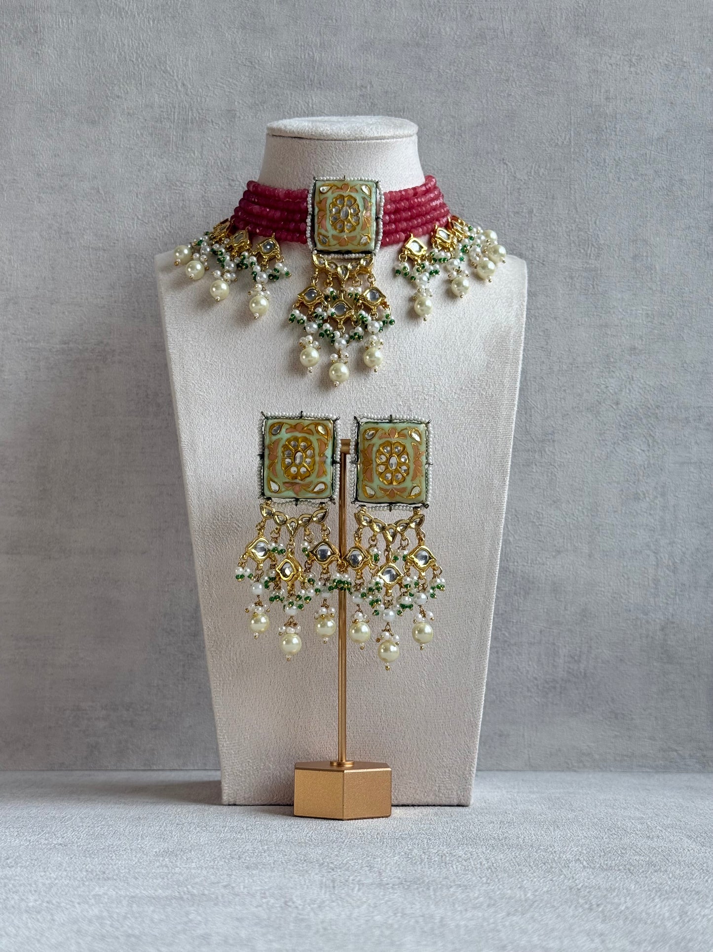 Ayura Designs Sabeera Meenakari Kundan Choker Set with Earrings – Blush Pink Beads & Pearl Detailing