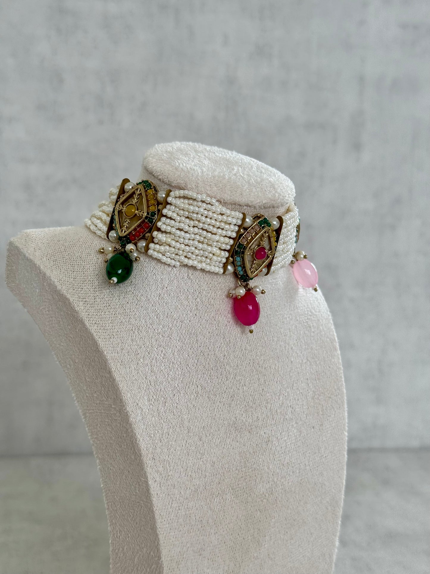 Ayura Designs Ariana Choker Set with Jhumkis – Kundan & Multicolor Beads in Antique Gold