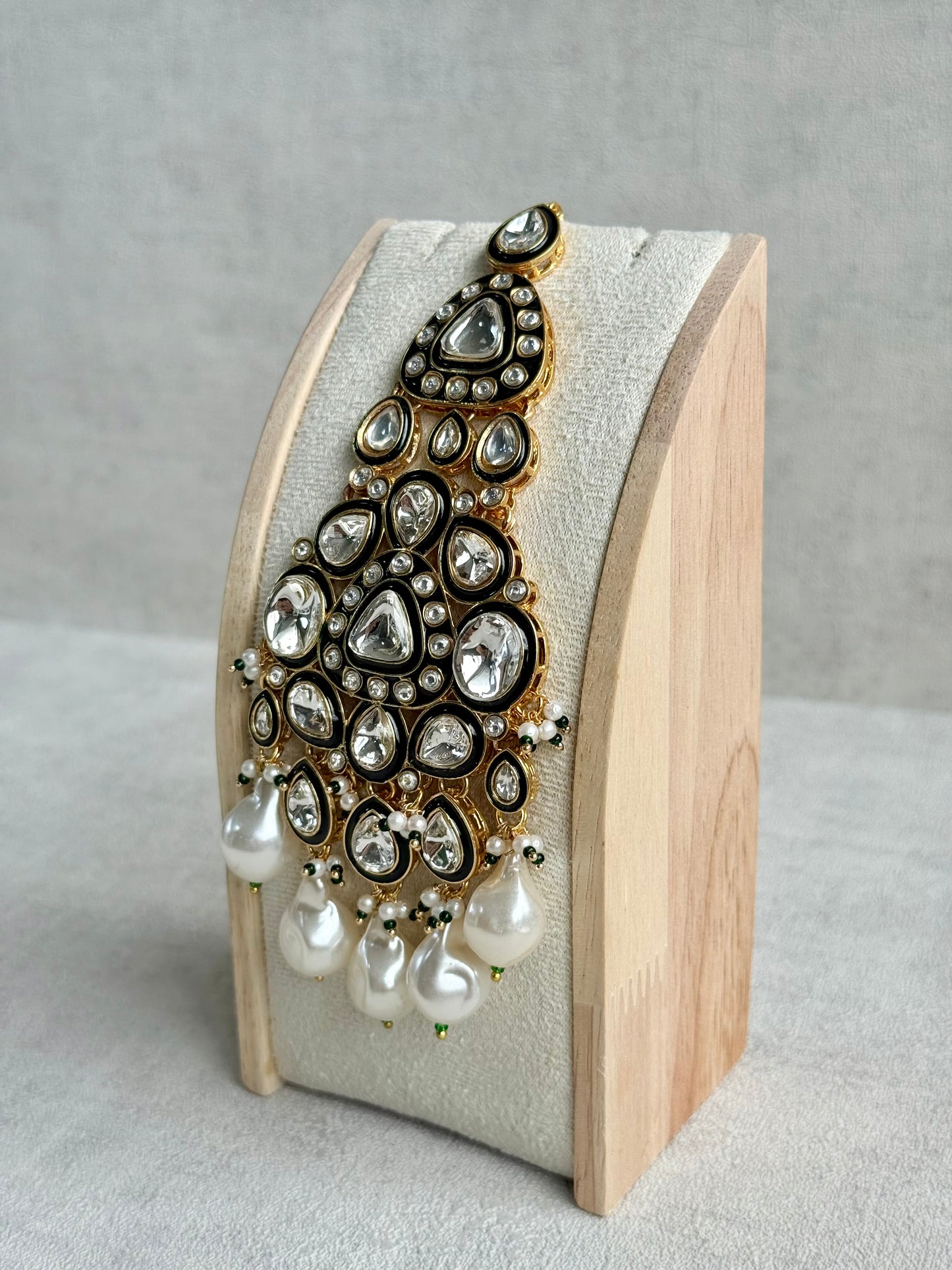 Ayura Designs Salma Jhoomar Passa – Kundan Teardrop Stones with Baroque Pearl Drops & Antique Gold Finish