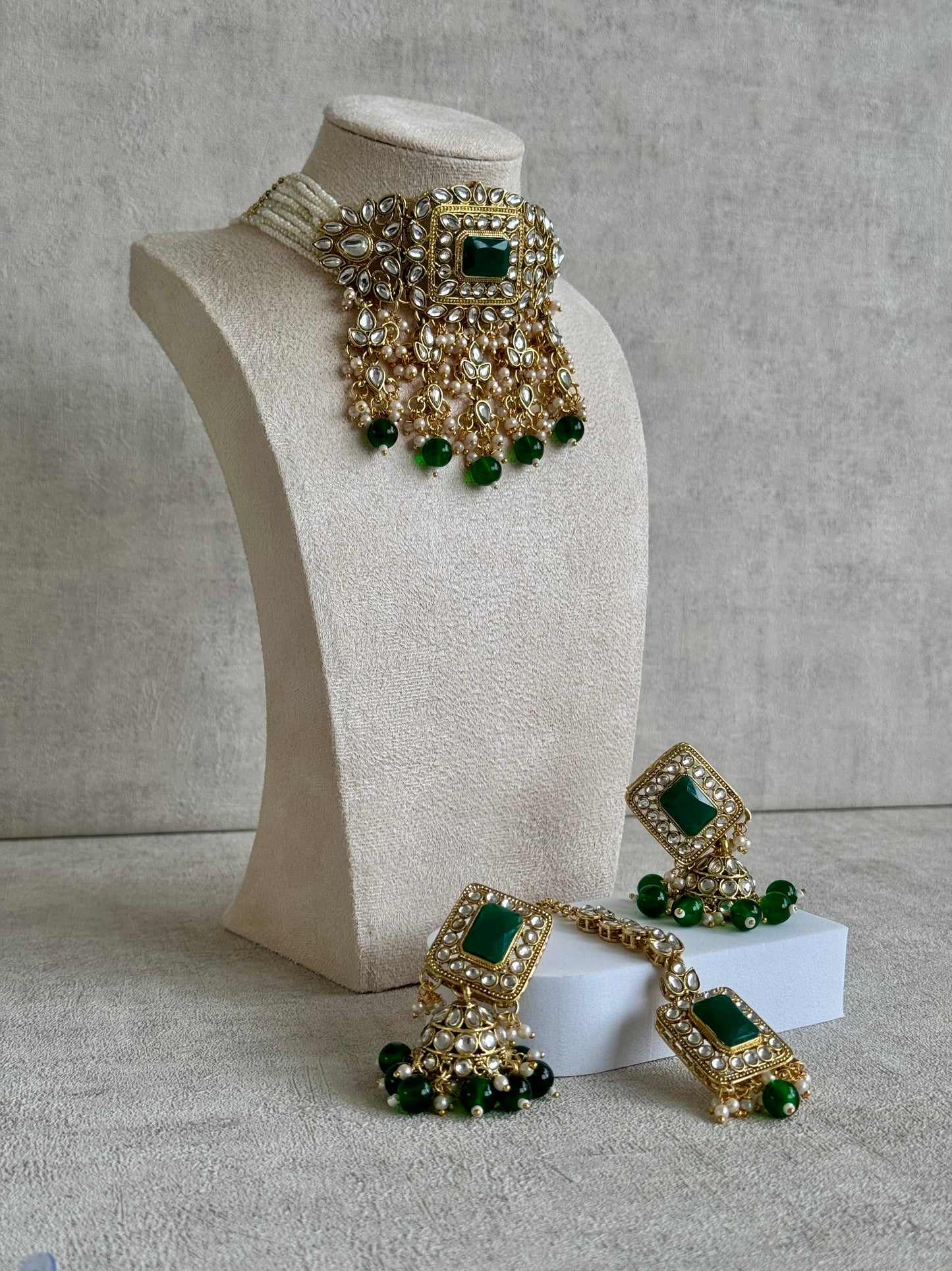Ayura Designs Maya Set with Jhumkis & Tikka – Emerald Green Stones & Kundan Detailing