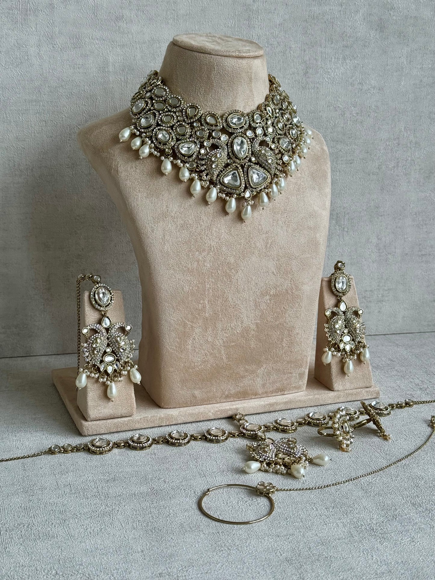 Ayura Designs Tajdar Bridal Set with Necklace, Jhumkis, Tikka, Nath, Ring & Sheeshphool – Jadau Kundan Craftsmanship with Mirror-Cut Polki, Ivory Pearl Drops & Antique Silver-Gold Finish