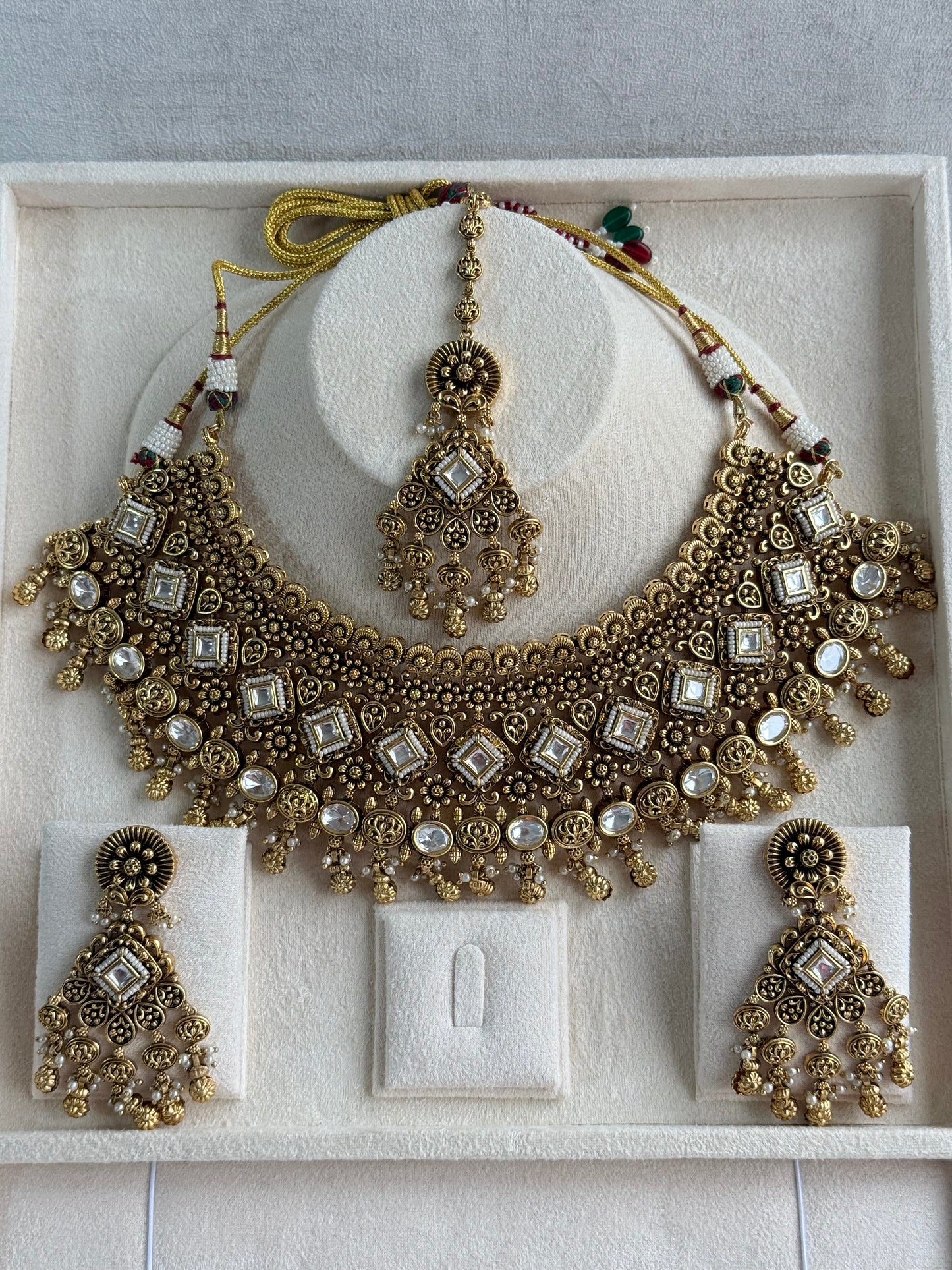 Ayura Designs Ehsaas Bridal Set with Earrings & Tikka – Kundan Stones, Pearls in Antique Gold Finish