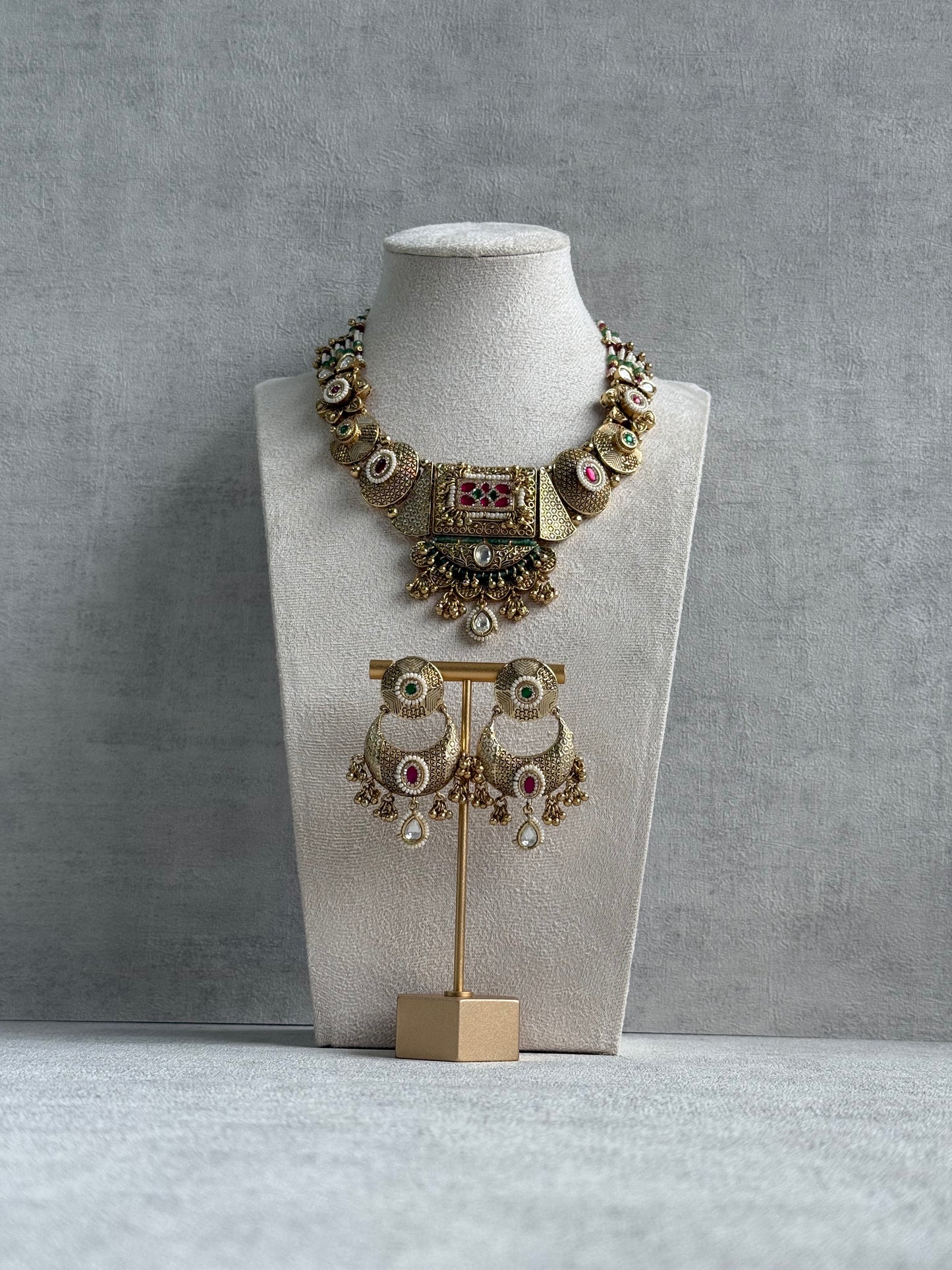 Ayura Designs Purvi Set – Necklace & Earrings with Antique Gold Filigree, Rani Pink, Emerald & Pearl Detailing
