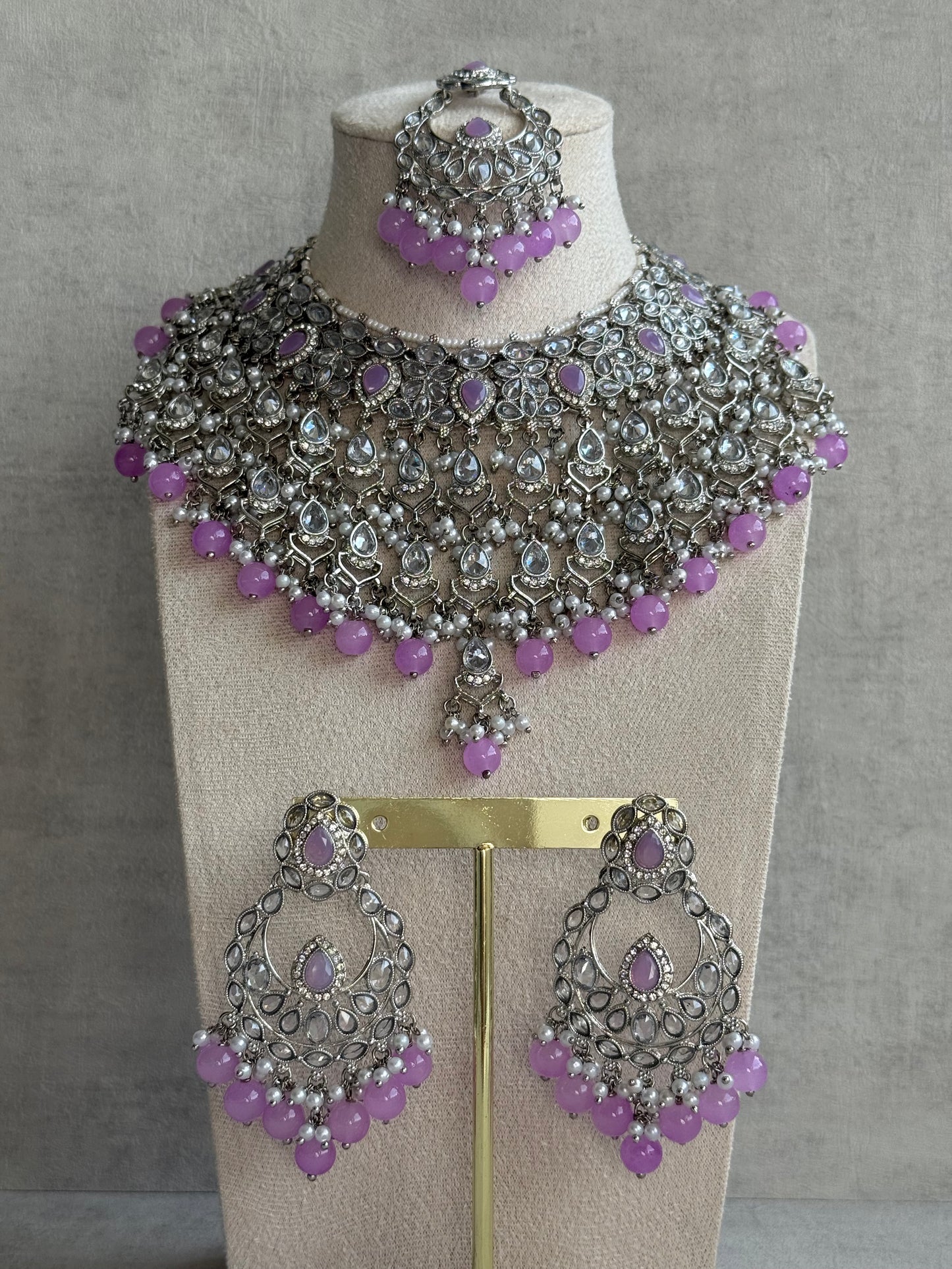 Ayura Designs Eknoor Set – Necklace, Tikka & Earrings with Lavender Beads, Pearls and Silver Finish