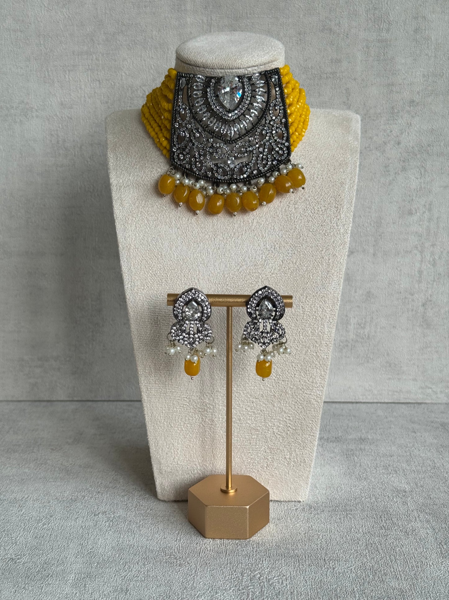 Ayura Designs Summer Choker Set with Earrings – Yellow Beads & Oxidised Silver Finish