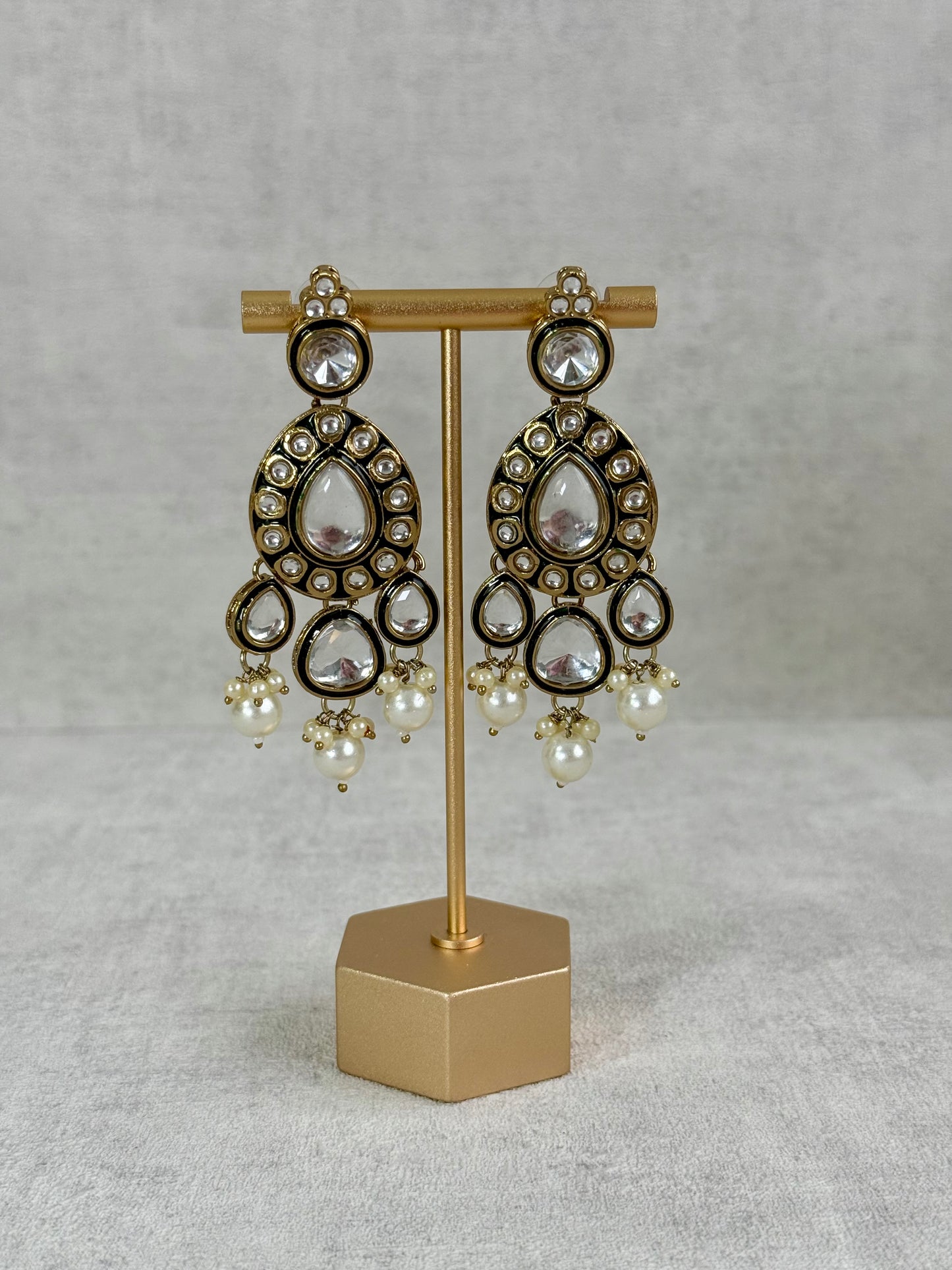 Ayura Designs Kalika Set with Necklace, Earrings, Tikka & Ring – Polki-Style Stones with Antique Green Enamel Detailing & Pearl Drops