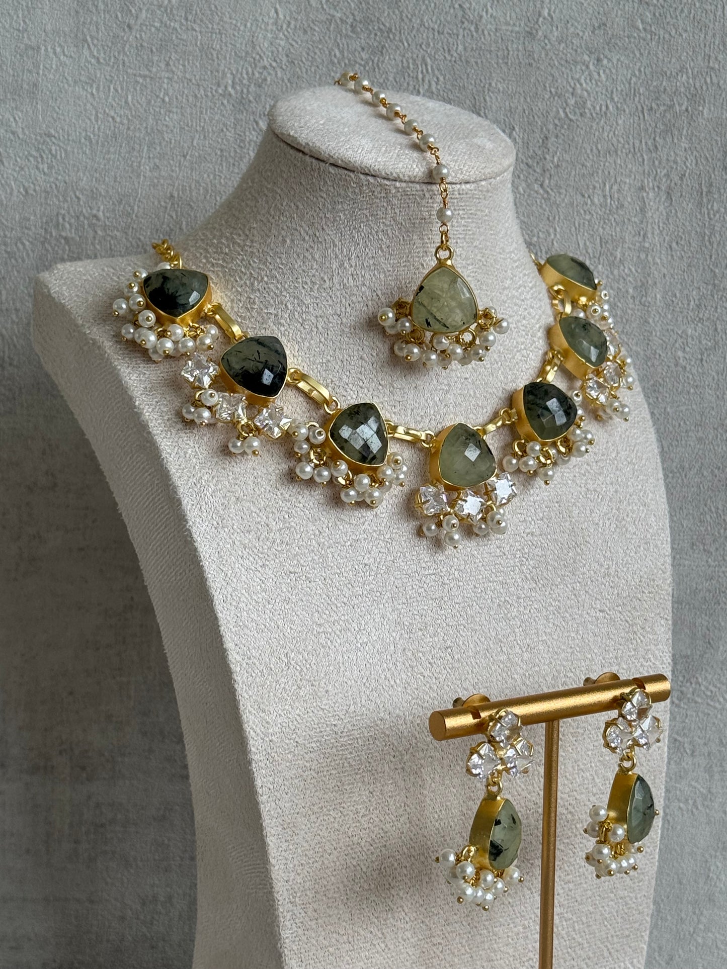 Ayura Designs Lala Set with Tikka & Earrings – Prehnite, Swarovski Crystals & Pearls