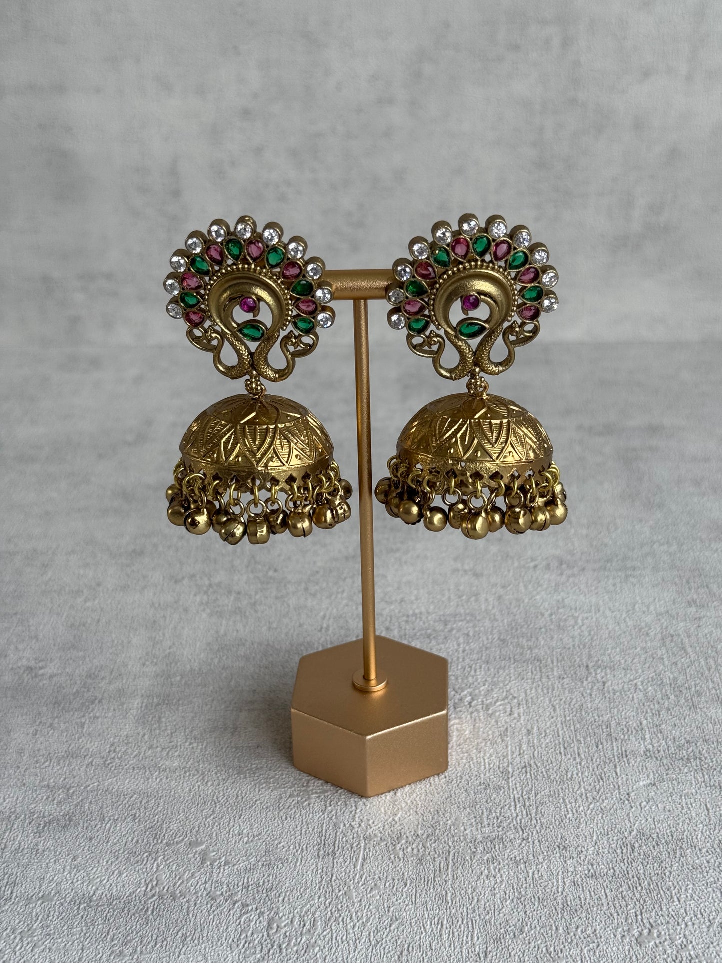 Ayura Designs Moraya Jhumkis – Pink & Green Peacock Motif with Antique Gold Detailing
