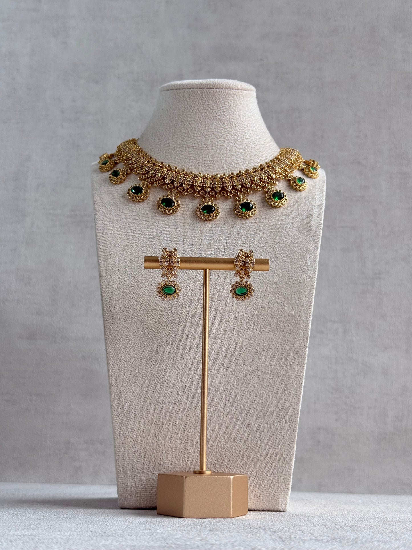 Ayura Designs Elisha Necklace Set with Earrings – Emerald Green & Crystal Stone Detailing