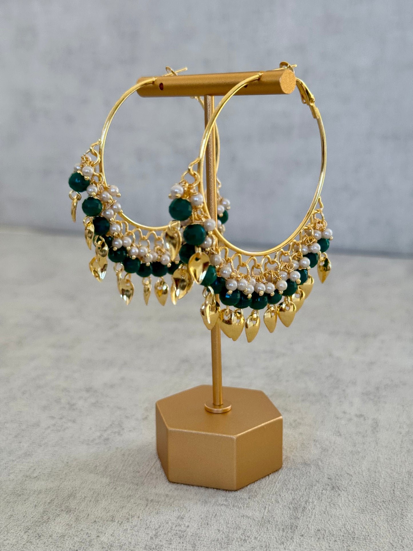 Ayura Designs Riwaaz Bali – Emerald Green Beaded Hoops with Gold Leaf Charms