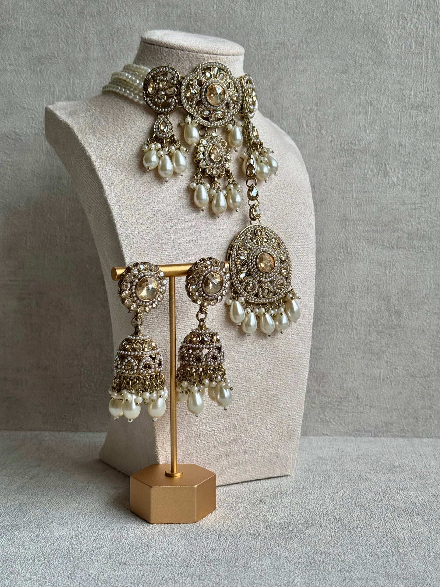Ayura Designs Azhar Choker Set with Jhumkis & Tikka – Champagne Gold, White Pearls, Polki with Champagne Stones