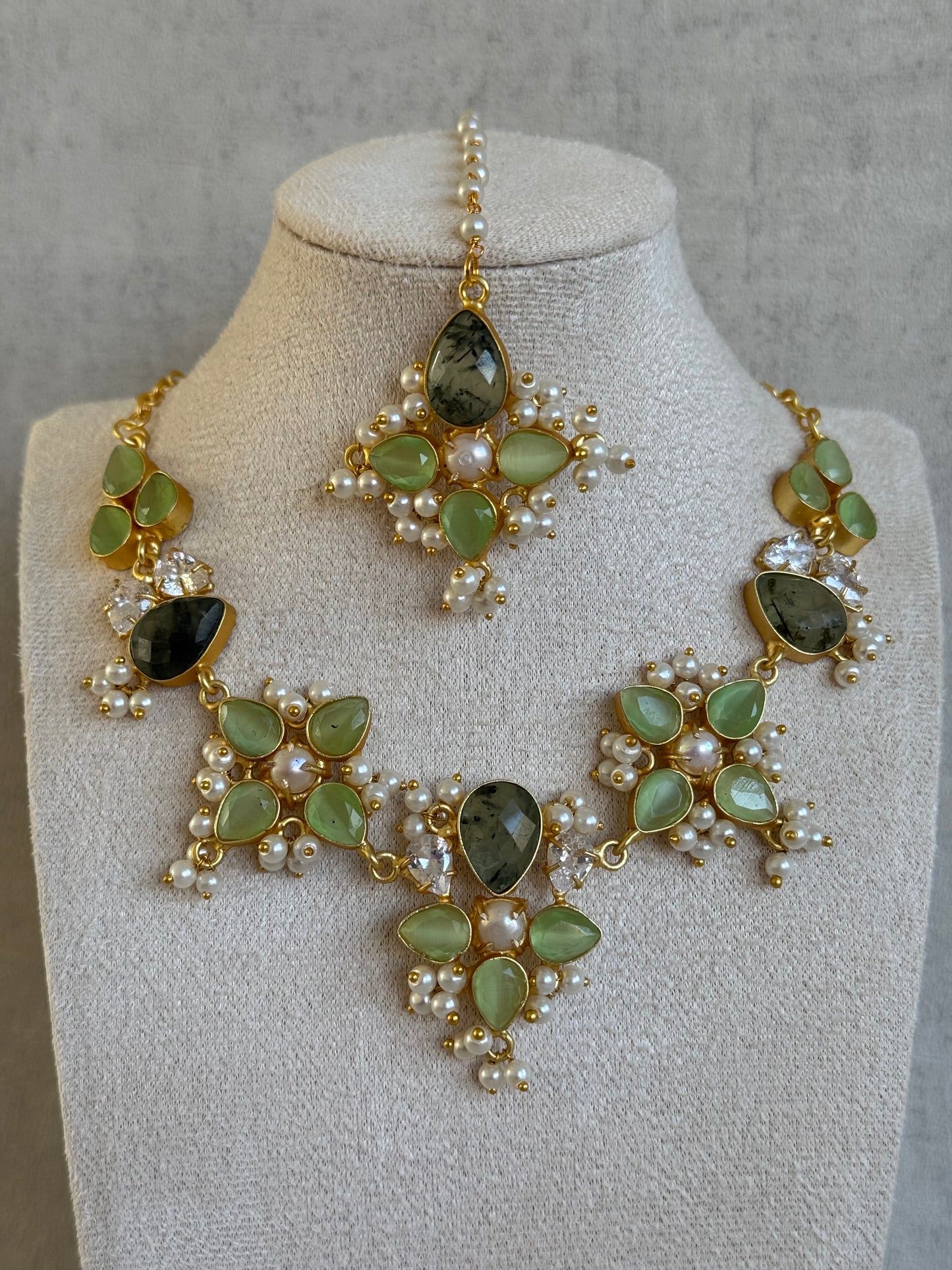 Ayura Designs Zaria Set with Tikka & Earrings – Prehnite, Dark Quartz, Pearls & Crystals