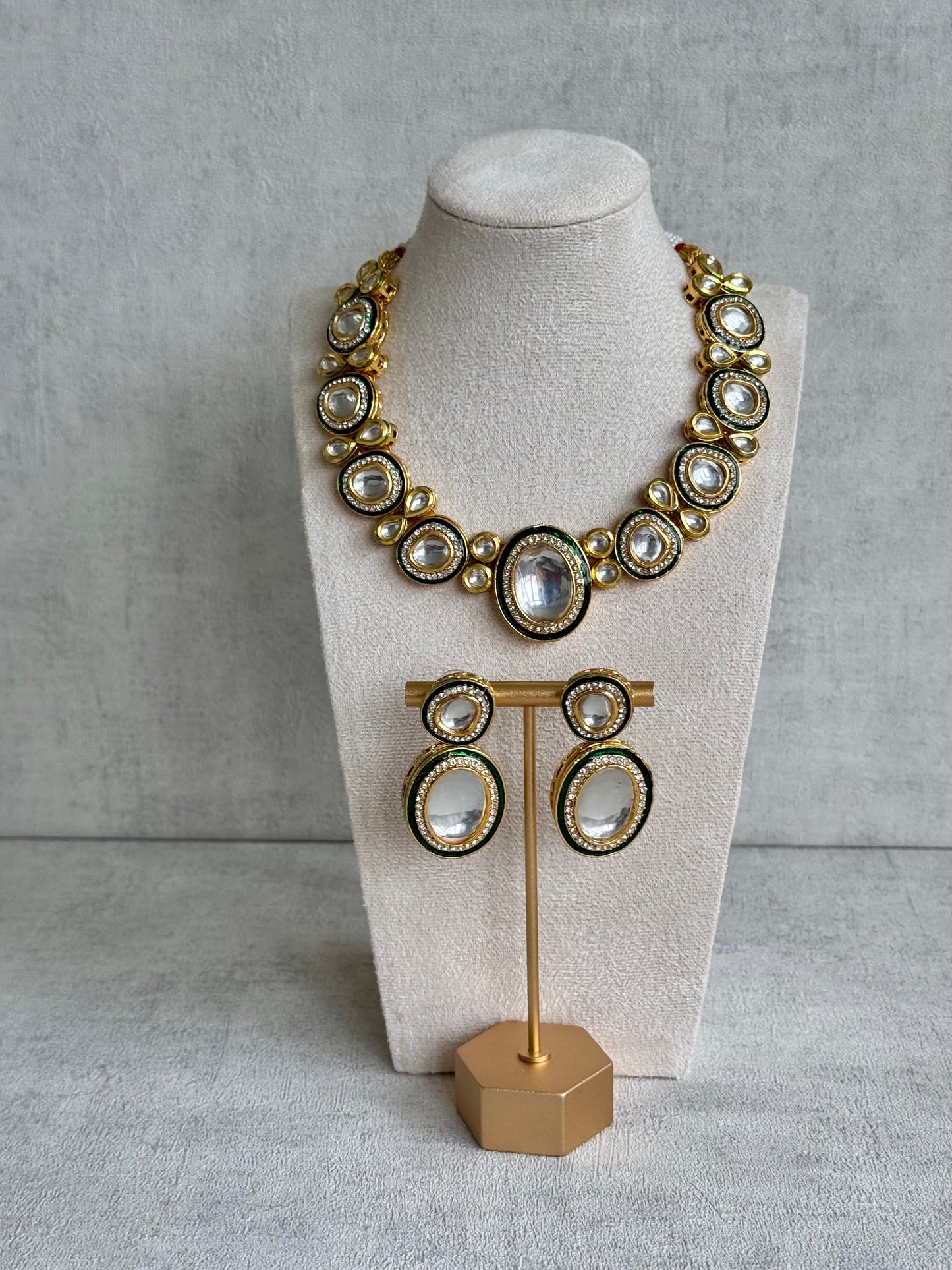 Ayura Designs Sahiba Set – Gold and Emerald Green Kundan Necklace with Oversized Oval Stones and Matching Drop Earrings
