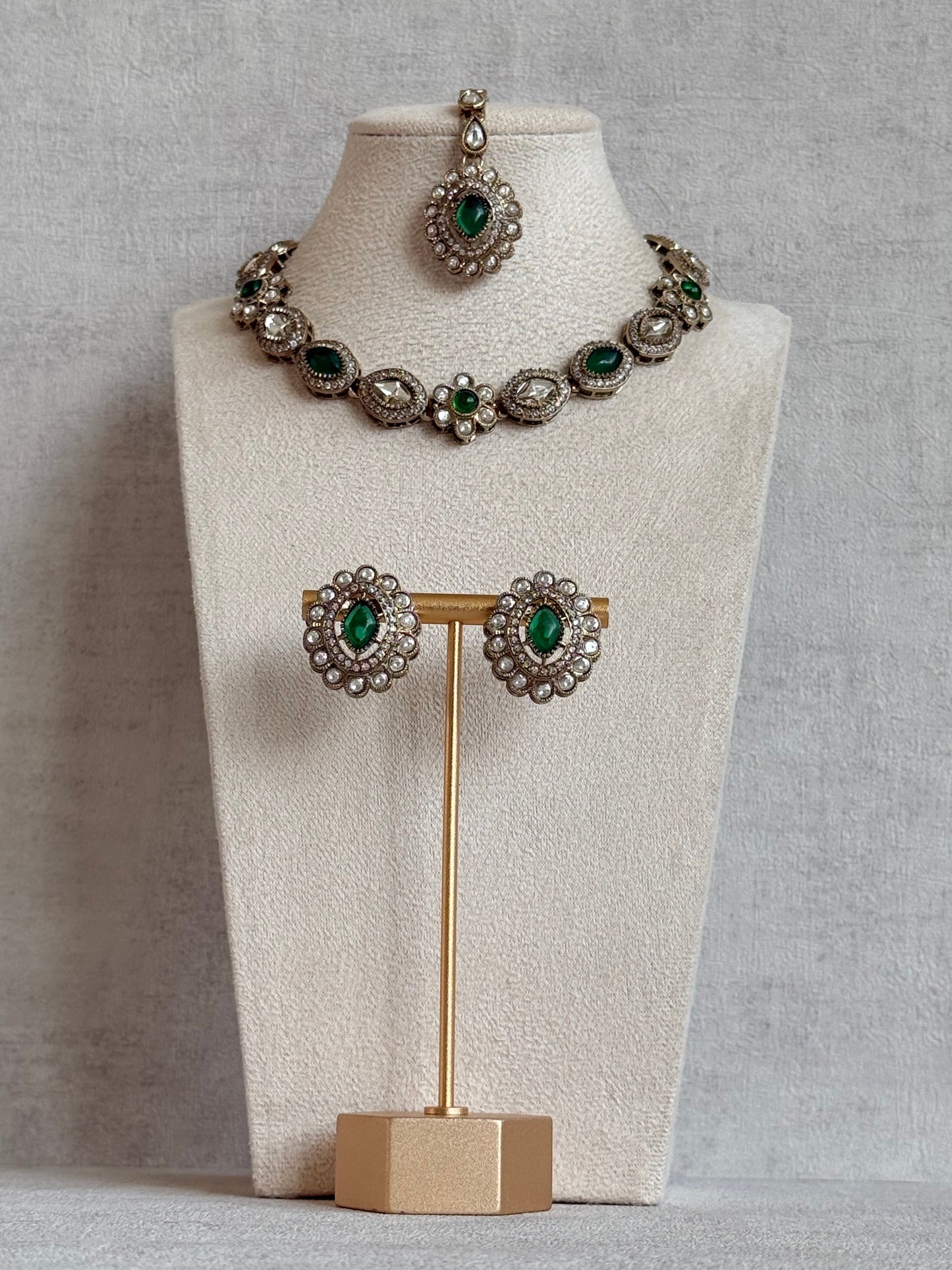 Ayura Designs Ivy Necklace Set with Studs & Tikka – Emerald Green Kundan Detailing
