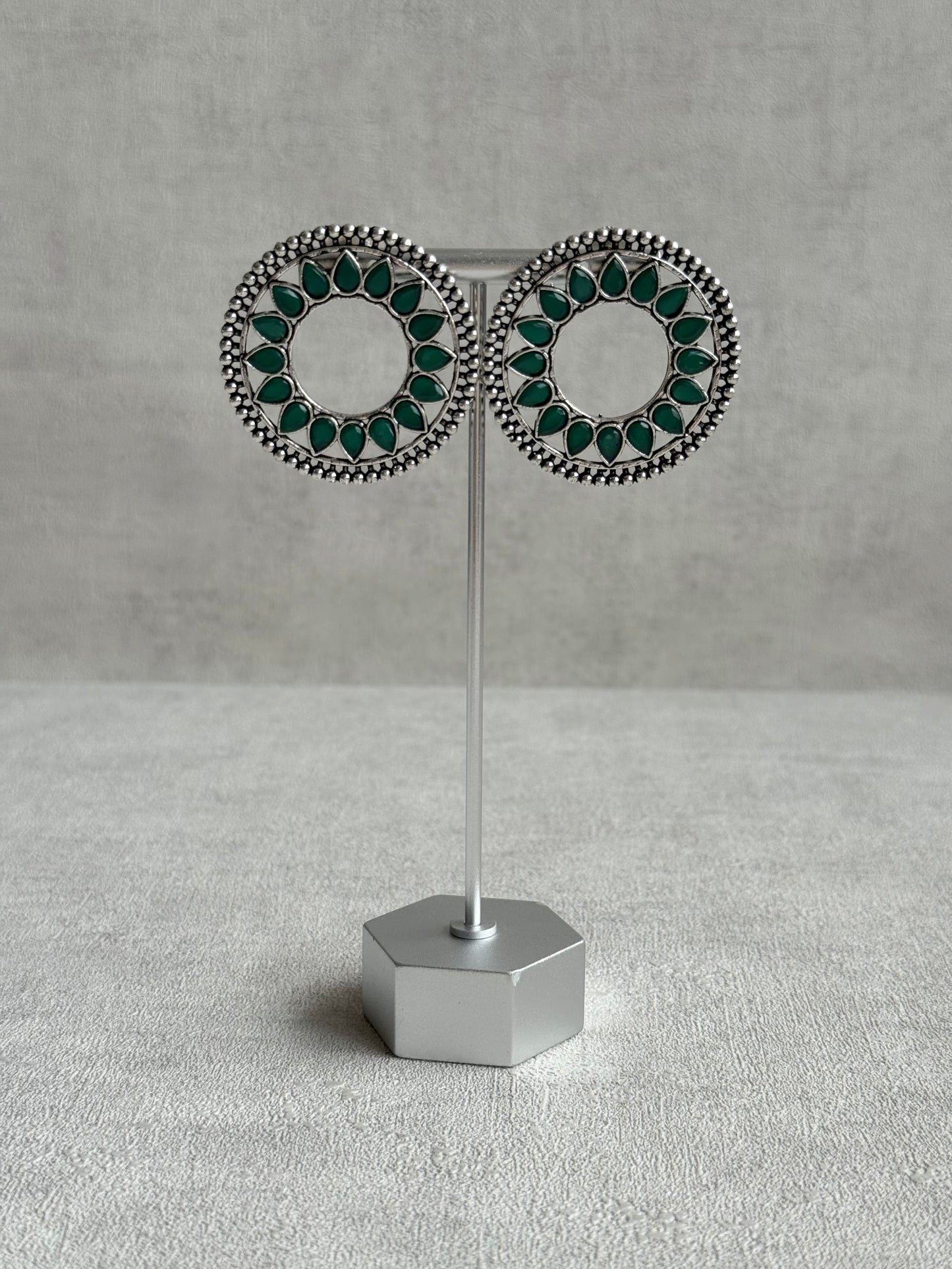Ayura Designs Kesar Studs – Statement Oxidised Stud Earrings with Emerald Green Stones