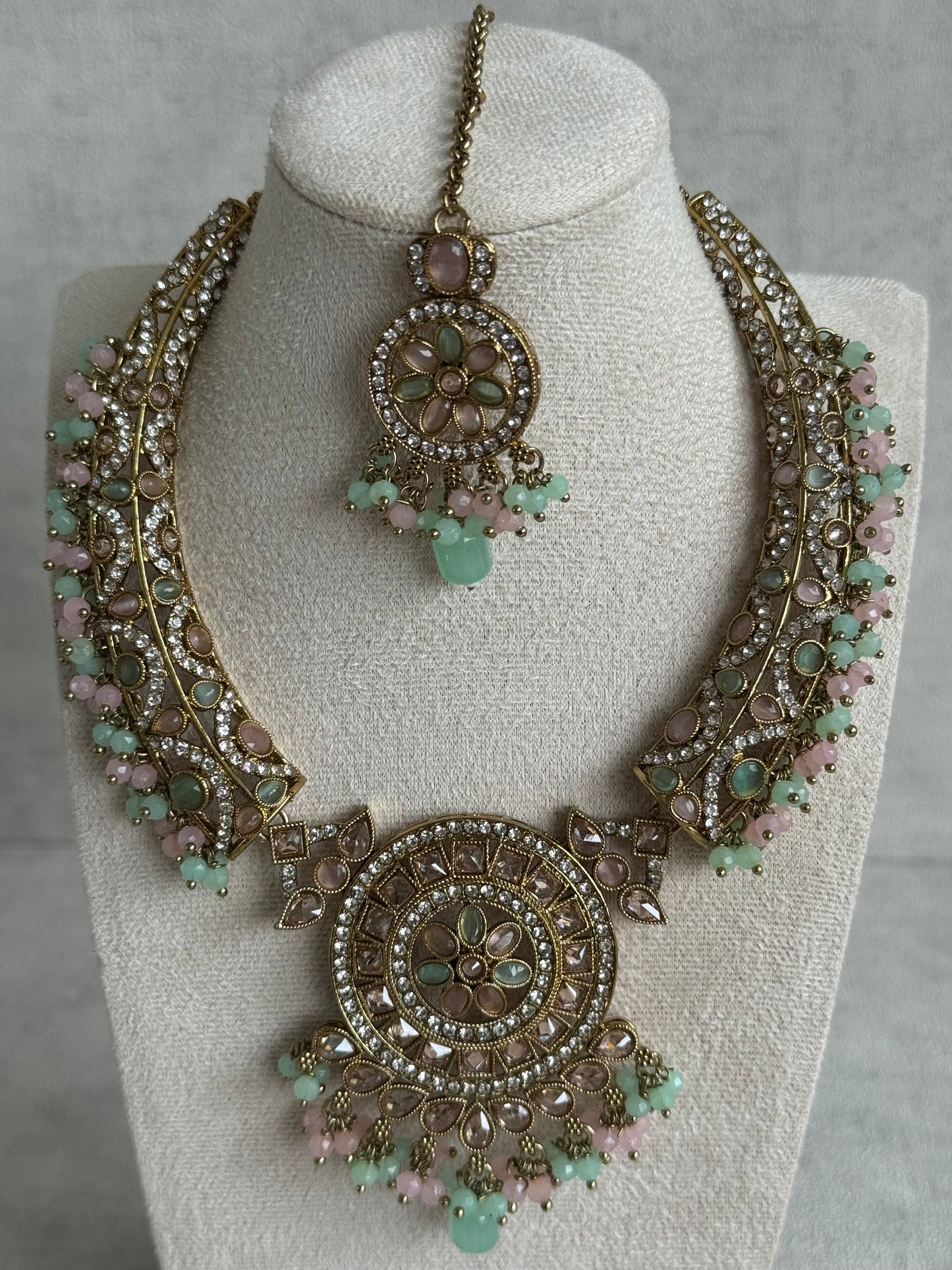 Ayura Designs Niya Set with Necklace, Earrings & Tikka – Blush Pink Beads, Antique Gold & Floral Motifs