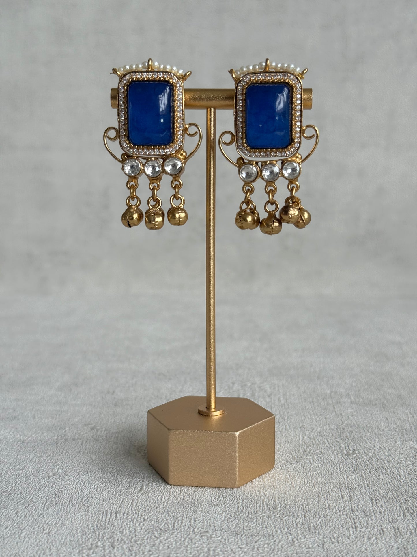 Ayura Designs Aleena Earrings – Sapphire Blue Stone Stud Earrings with Pearls & Ghungroo Detailing