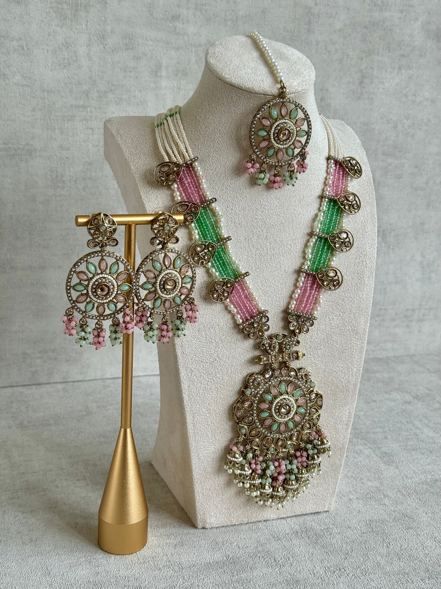 Ayura Designs Rida Set with Long Pearl & Beaded Necklace, Earrings & Tikka – Pastel Pink, Mint Green & Antique Gold Floral Motifs