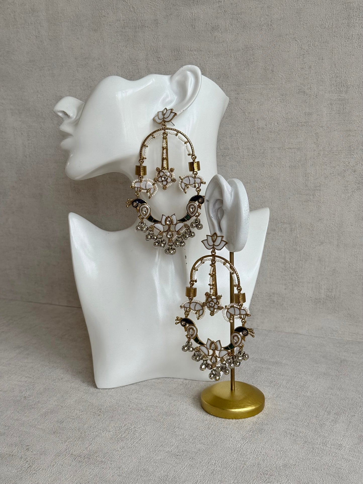 Ayura Designs Zoonpari Earrings – Ivory Pearl, Blue & Green Meenakari Peacock Chandeliers in Dual Tone with Ghungroos