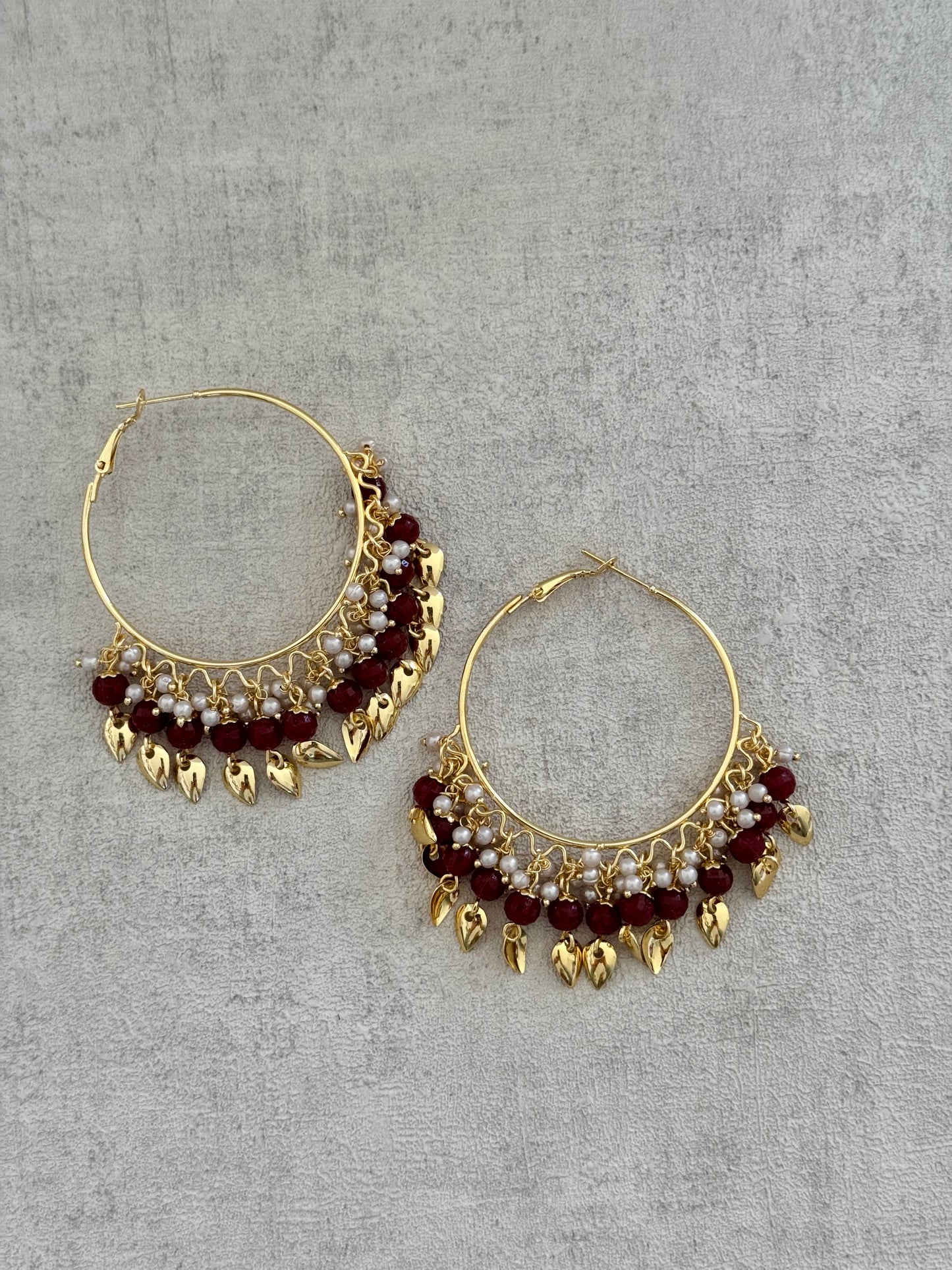 Ayura Designs Riwaaz Bali – Ruby Red Beaded Hoops with Gold Leaf Charms