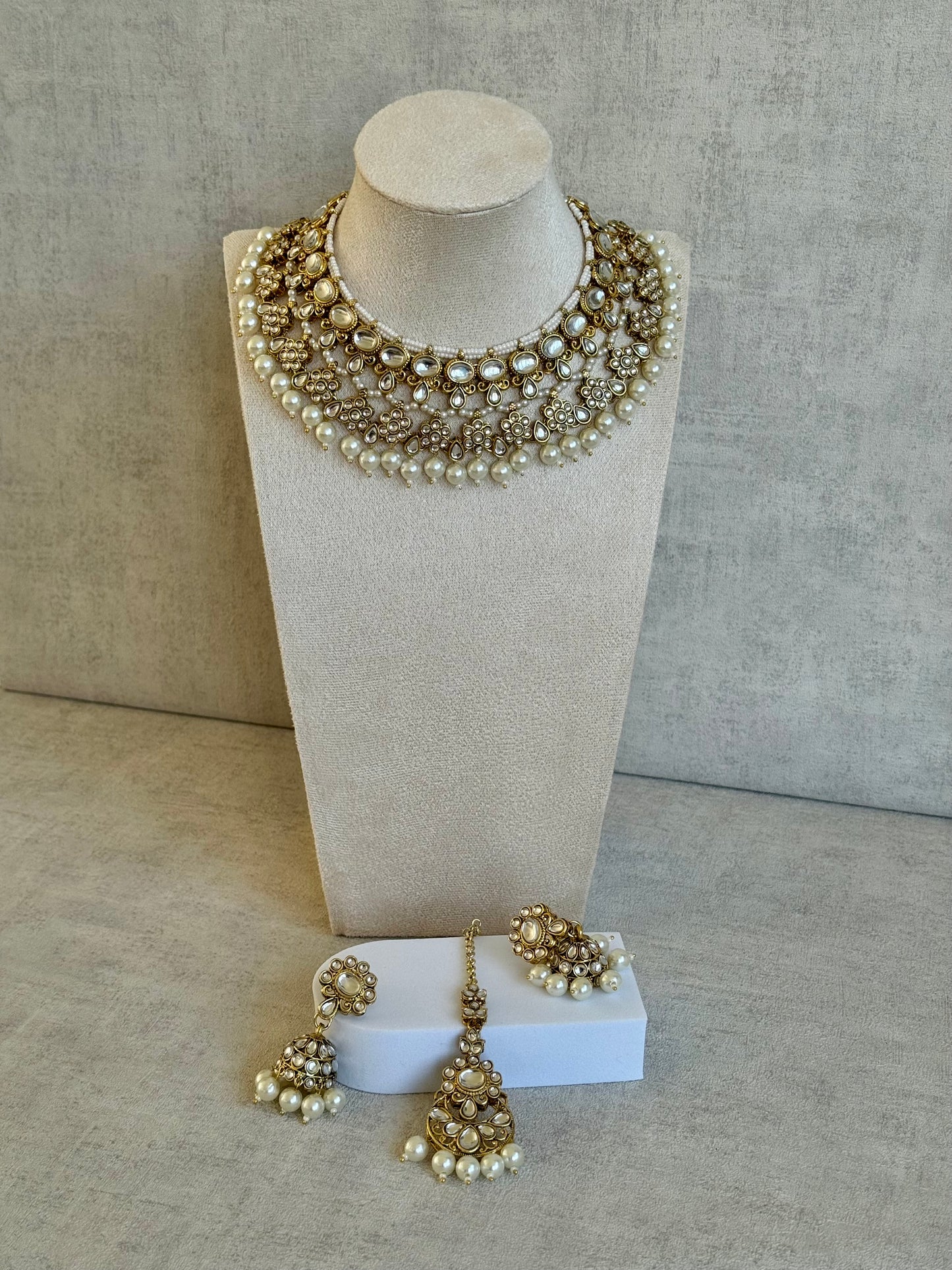 Ayura Designs Tehzeeb Set – Necklace, Tikka & Jhumkas in Antique Gold and Pearls